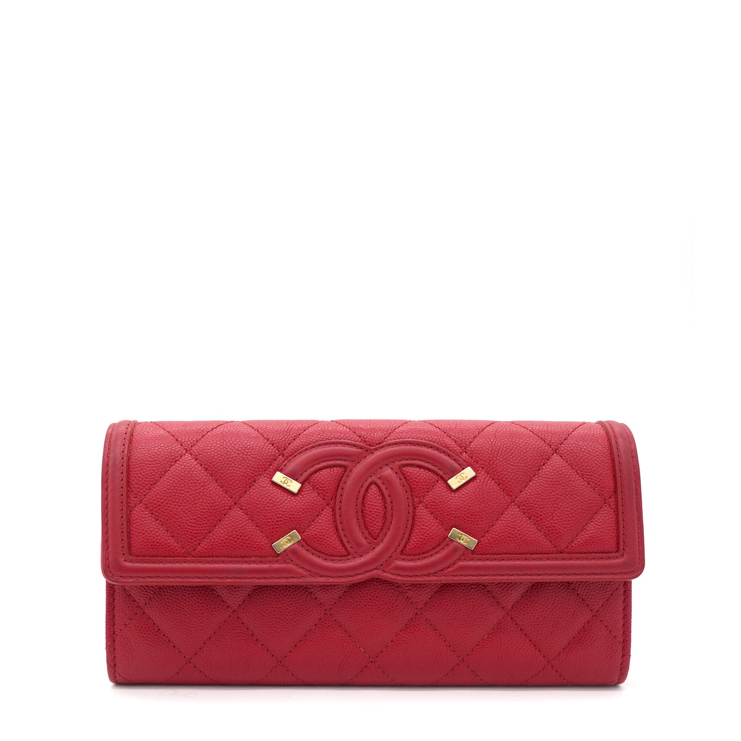 Chanel Caviar Quilted Large Filigree Gusset Flap Wallet Red