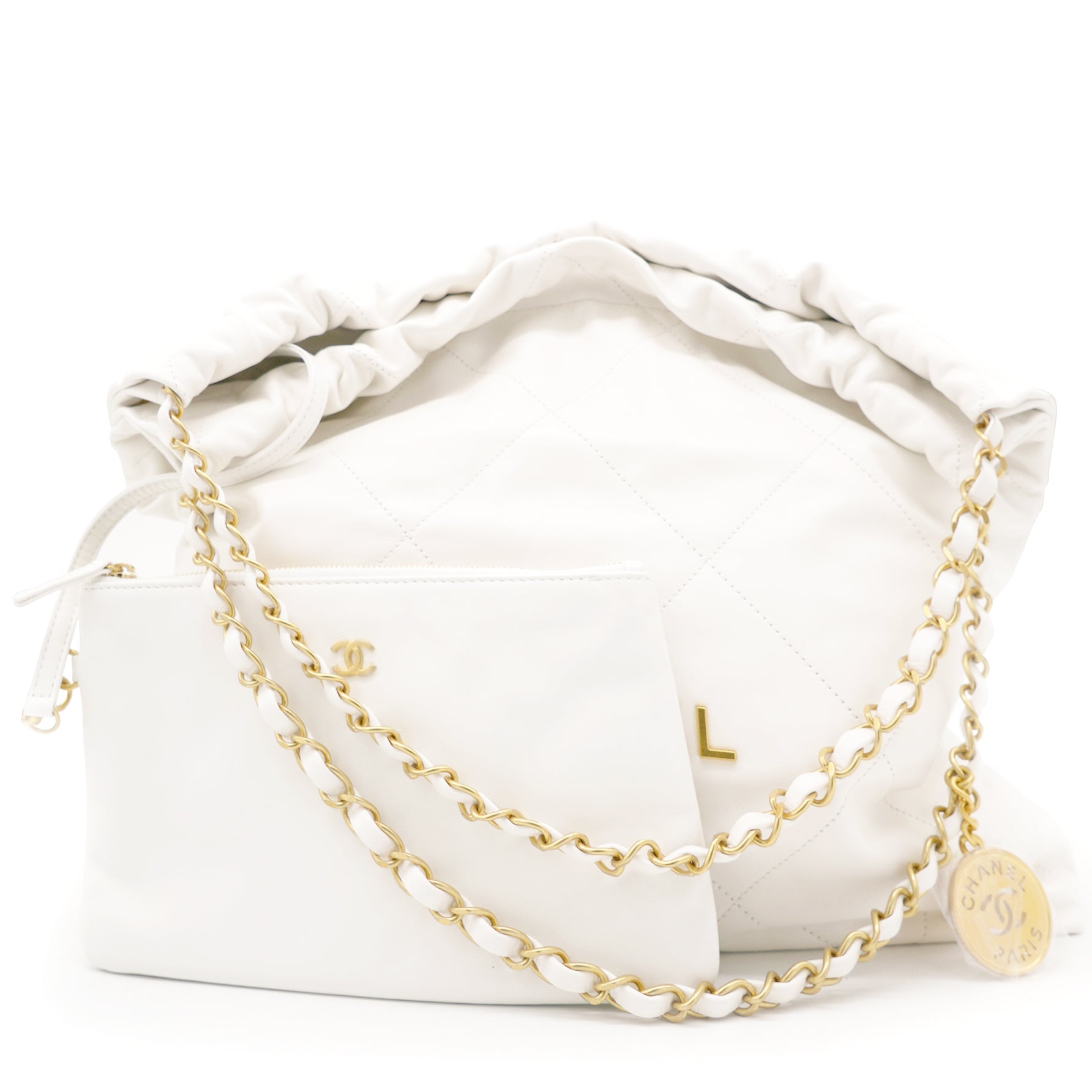 CHANEL Lambskin Quilted Mini Bucket Bag With Chain White 781415