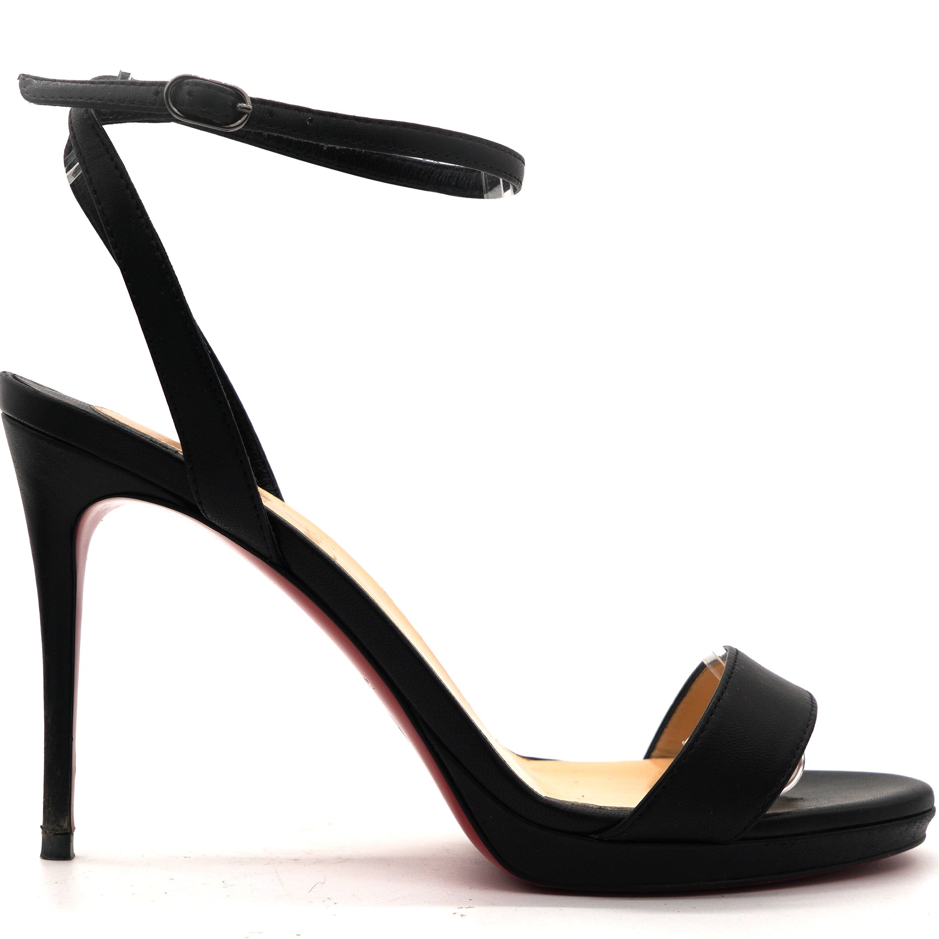 Loubi Queen Black Leather Ankle Strap Sandals 36
