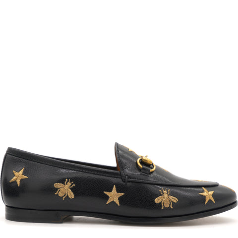 Black Leather Embroidered Bee Star Horsebit Slip On Loafers 36