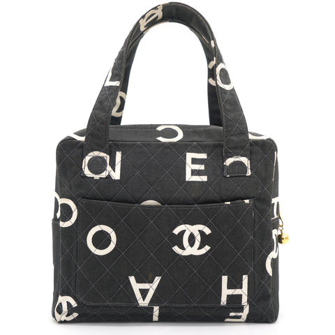 Vintage Black White Canvas Printed Letter Quilted Double Handle Bag