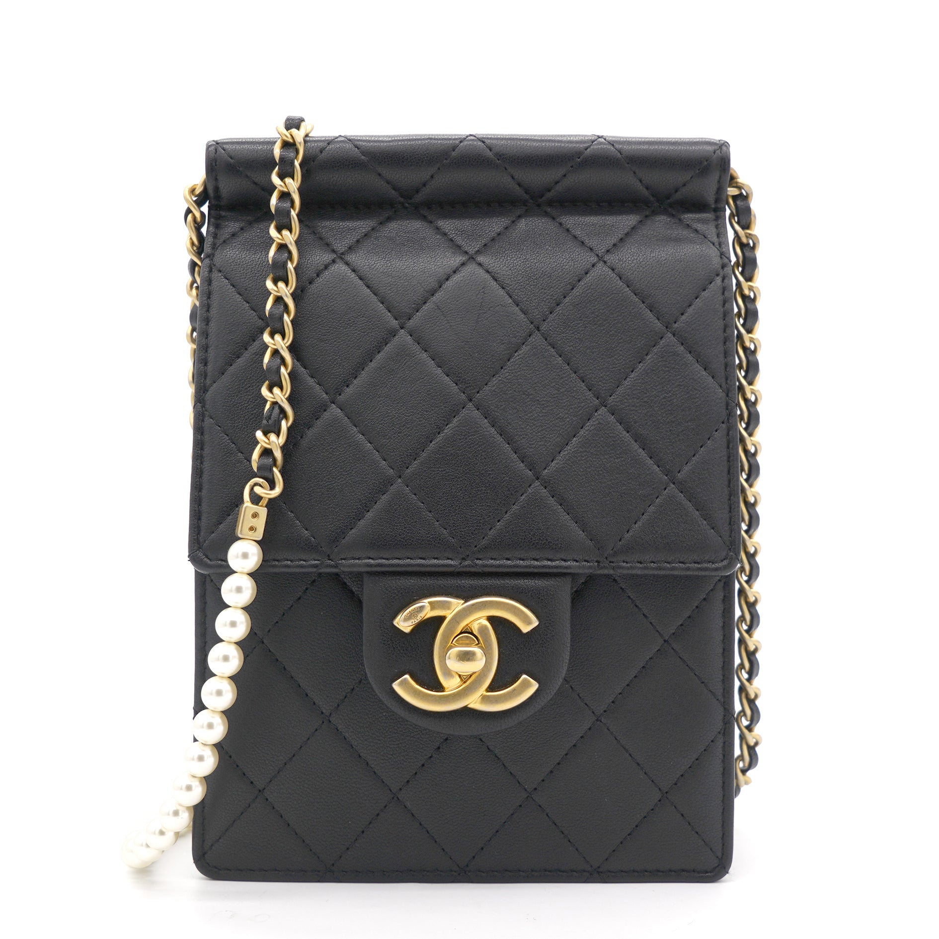 Authentic Chanel White Vertical Flap Bag with Pearl