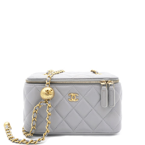 Lambskin Quilted Pearl Crush Small Vanity Case with Chain Grey