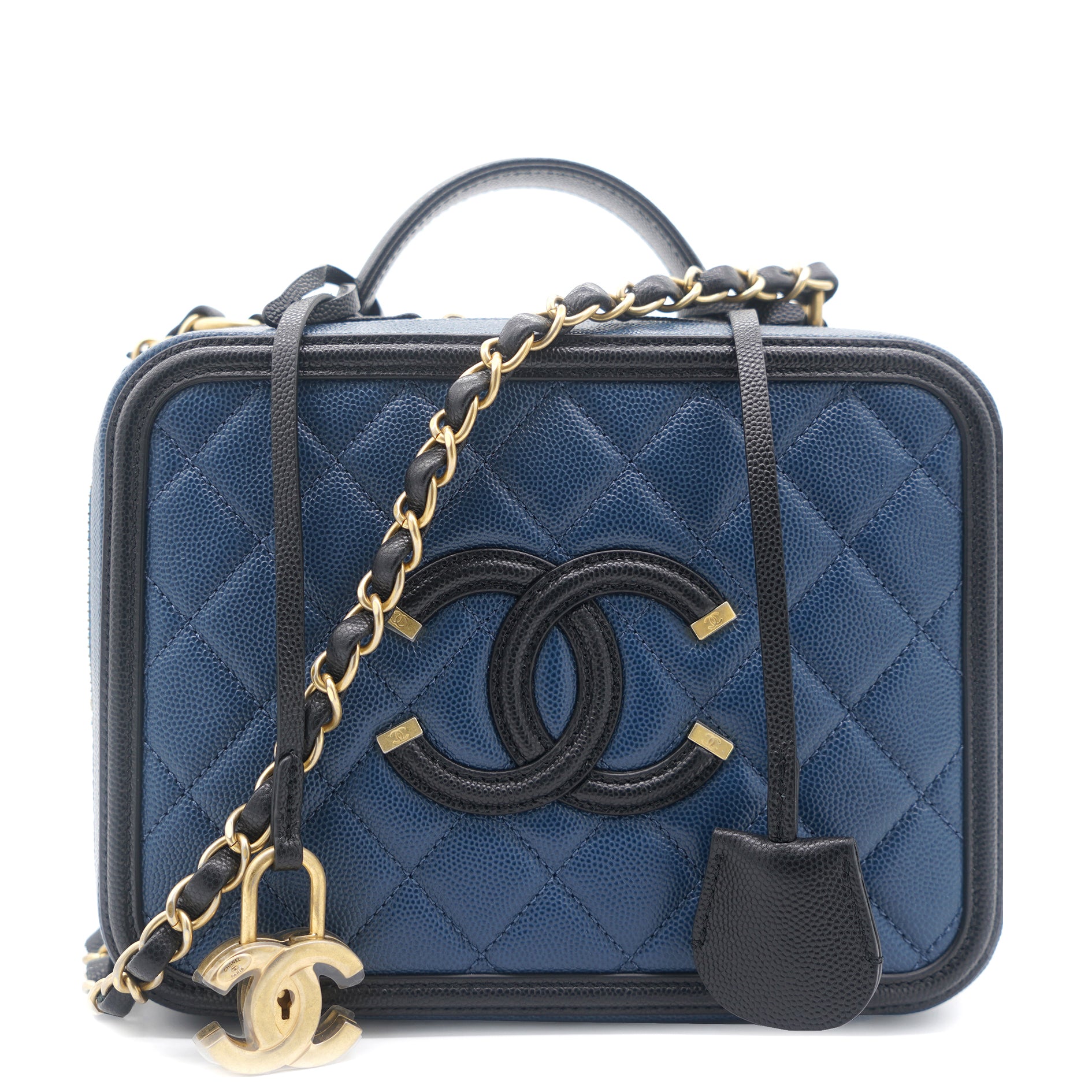 Chanel Navy/Black Quilted Caviar Leather Medium CC Filigree Vanity Case Bag  – STYLISHTOP
