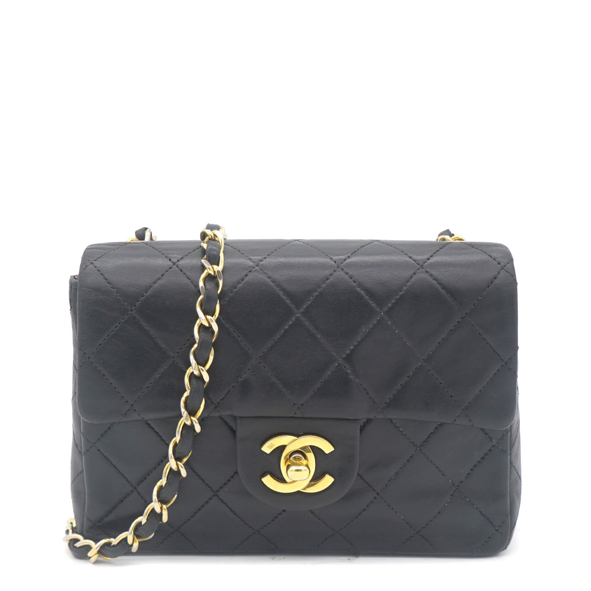Chanel Vintage Black Quilted Leather Mini Square Classic Flap Bag