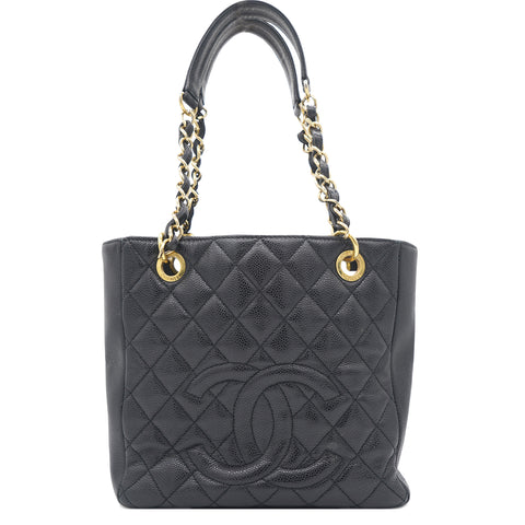 Black Quilted Caviar Leather Petite Shopping Tote