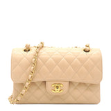 Caviar Quilted Small Classic Double Flap Beige