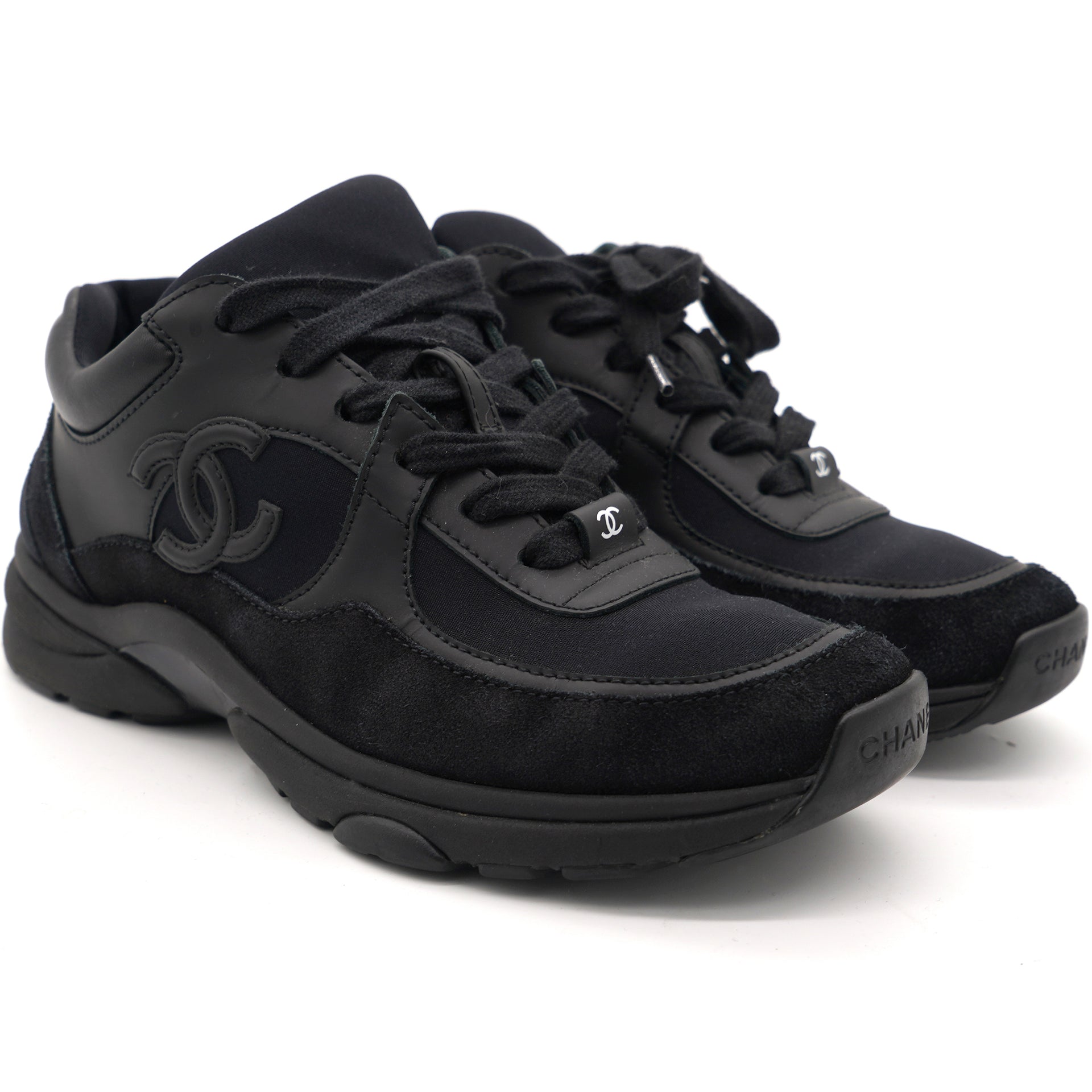 Chanel Black Leather, Fabric and Suede CC Lace Up Sneakers Size
