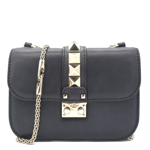Black Leather Embellished Glam Lock Flap Bag