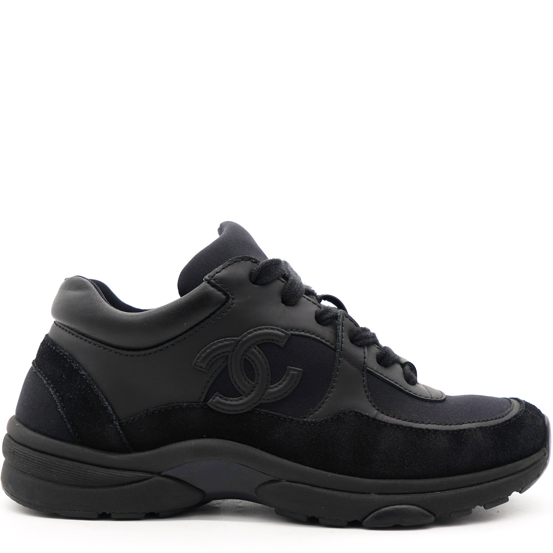 Chanel Black Suede Calfskin Fabric CC Sneakers 35.5 – STYLISHTOP