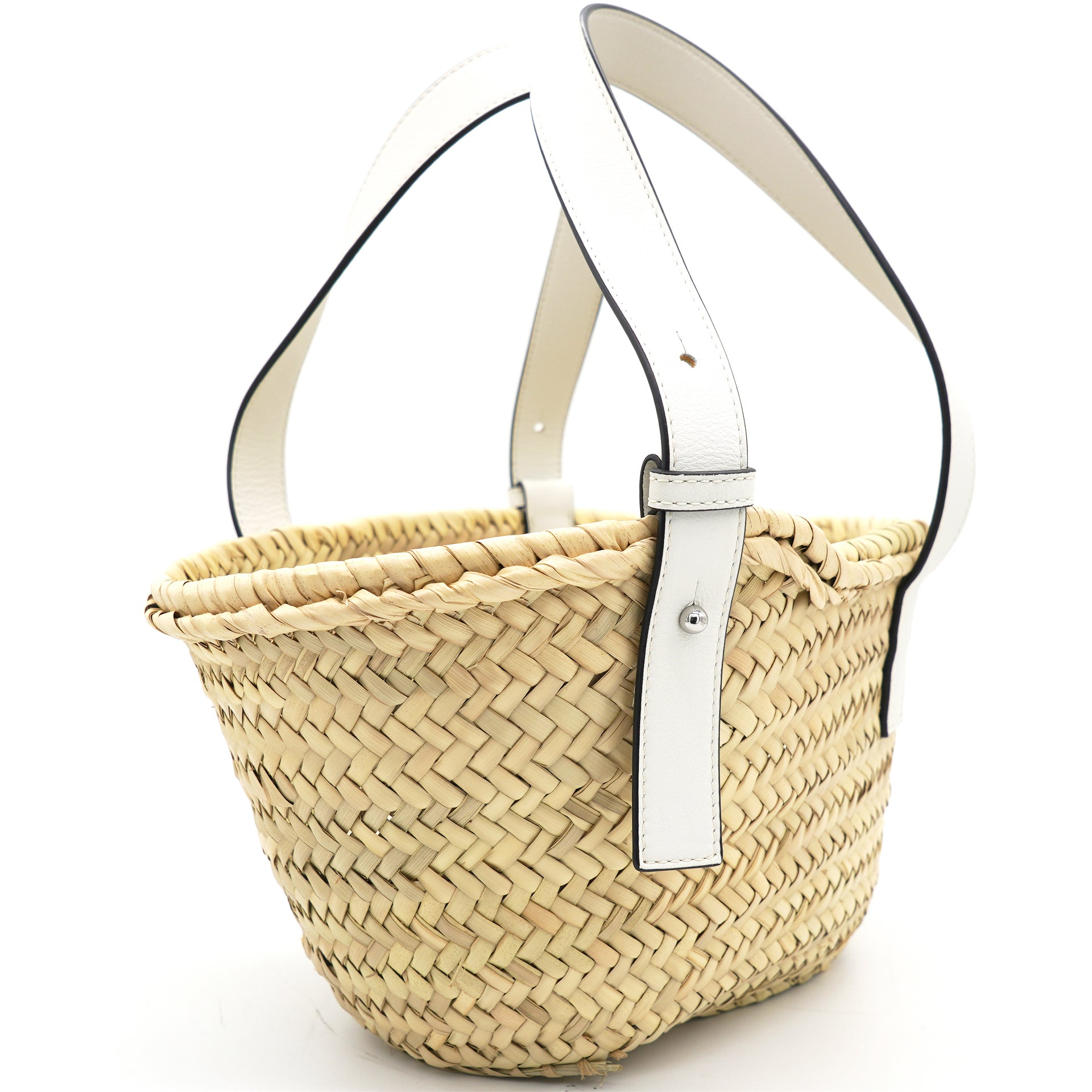 White Woven Raffia and Leather Basket Bag