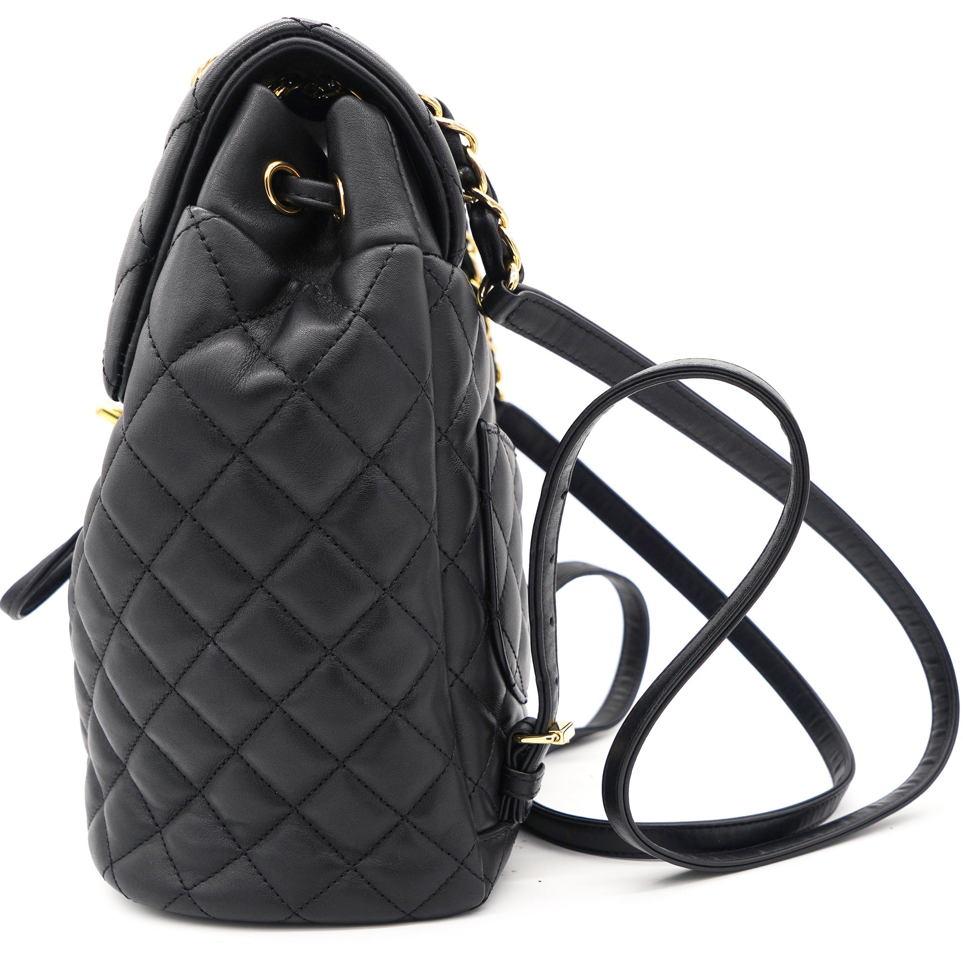 Unusual Chanel Square Quilted Black Leather Backpack Bag With Chain Straps