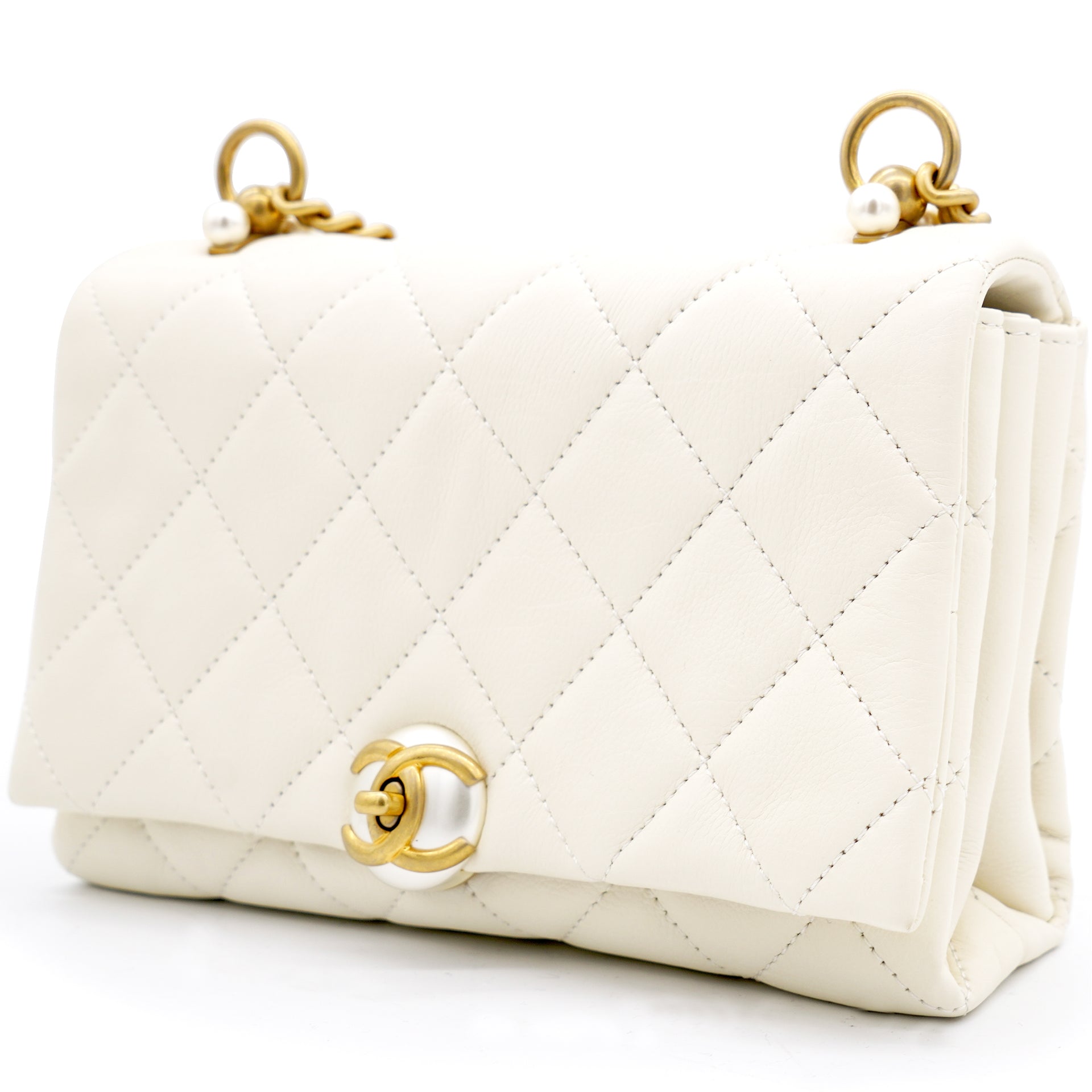 Chanel Pearl Logo Strap Flap Bag White – STYLISHTOP