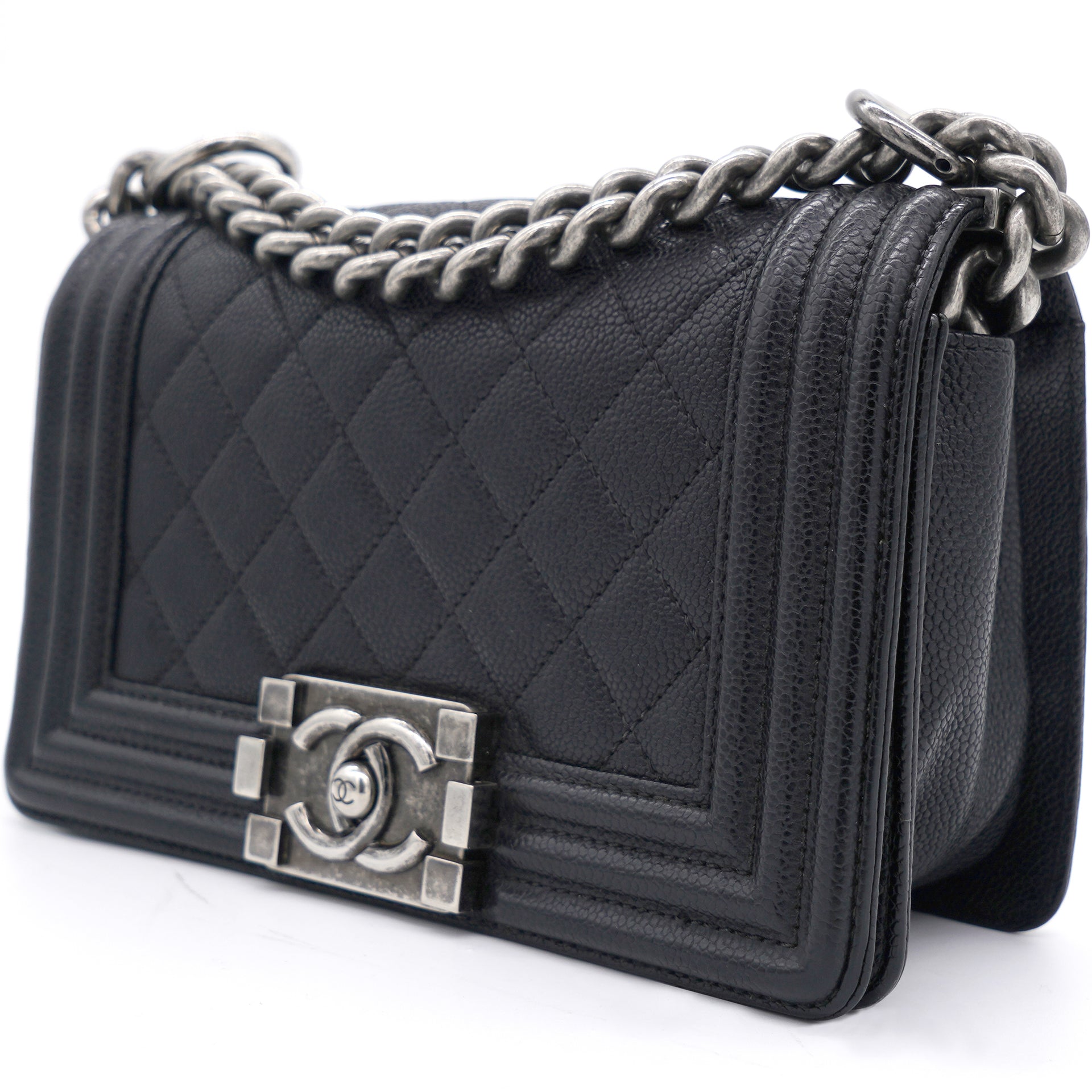 Black Quilted Caviar Leather Small Boy Flap Bag