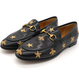 Black Leather Embroidered Bee Star Horsebit Slip On Loafers 36