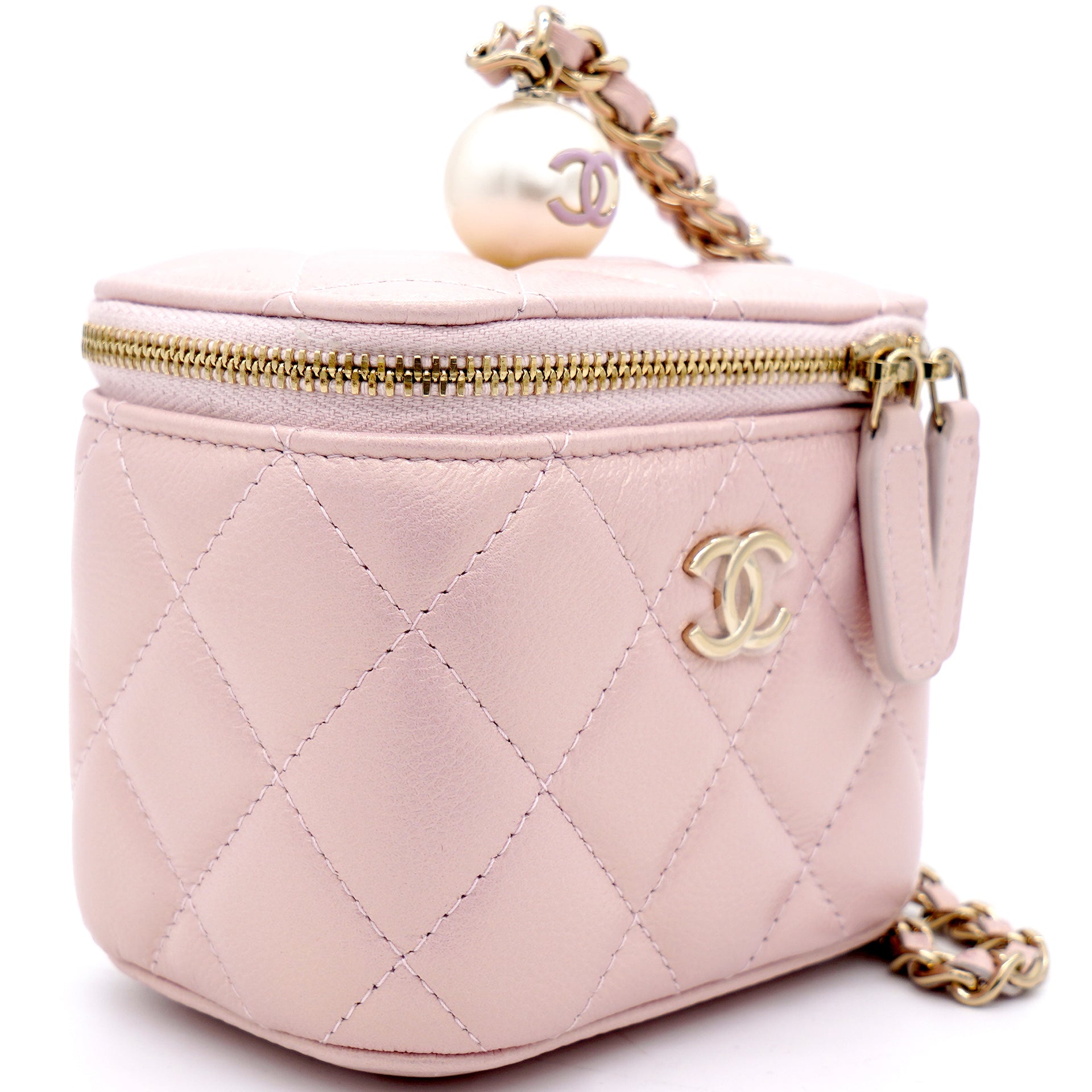 Mini Caviar GHW Vanity Case with Pearl Details Light Pink