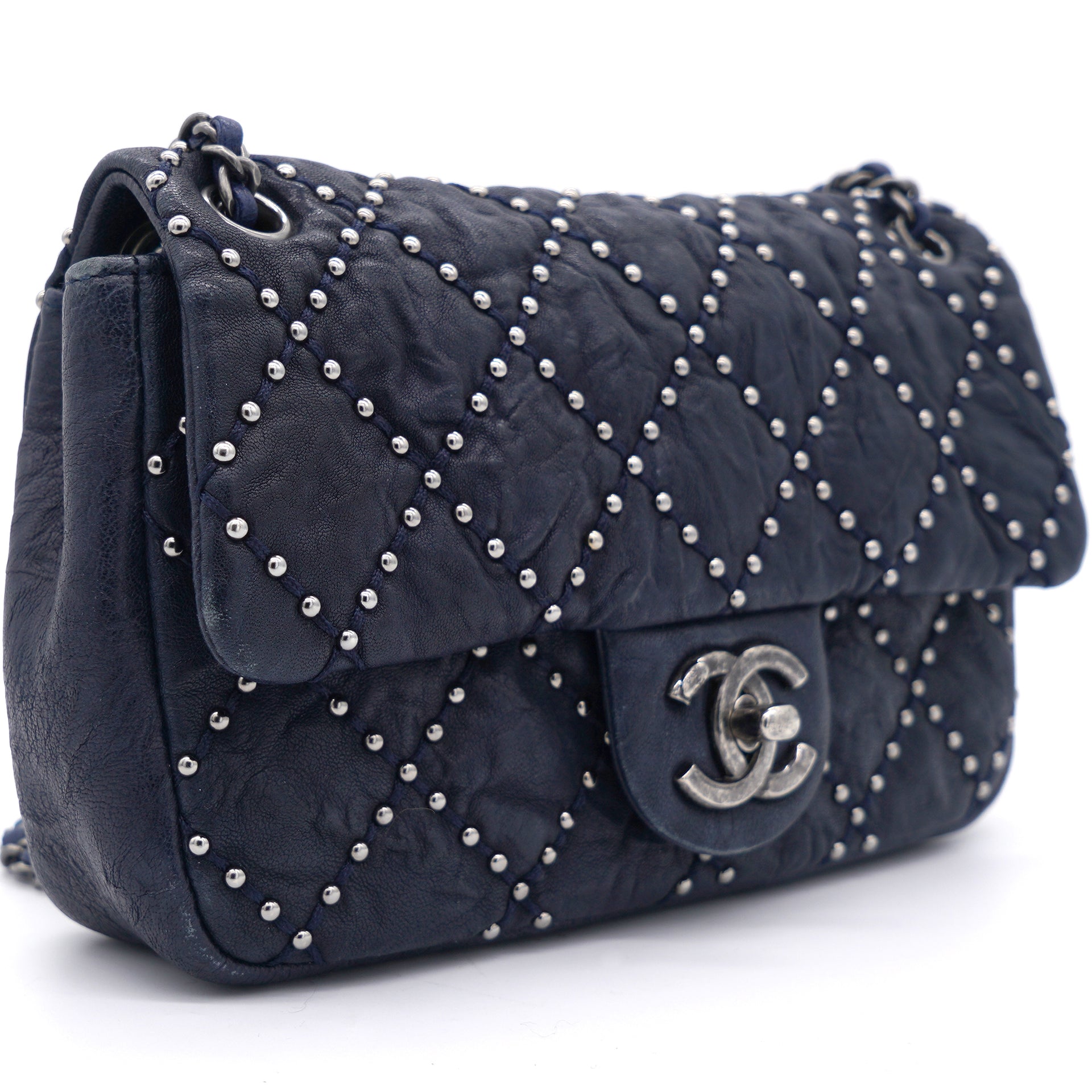 Navy Blue Studded Leather Mini Single Flap Bag