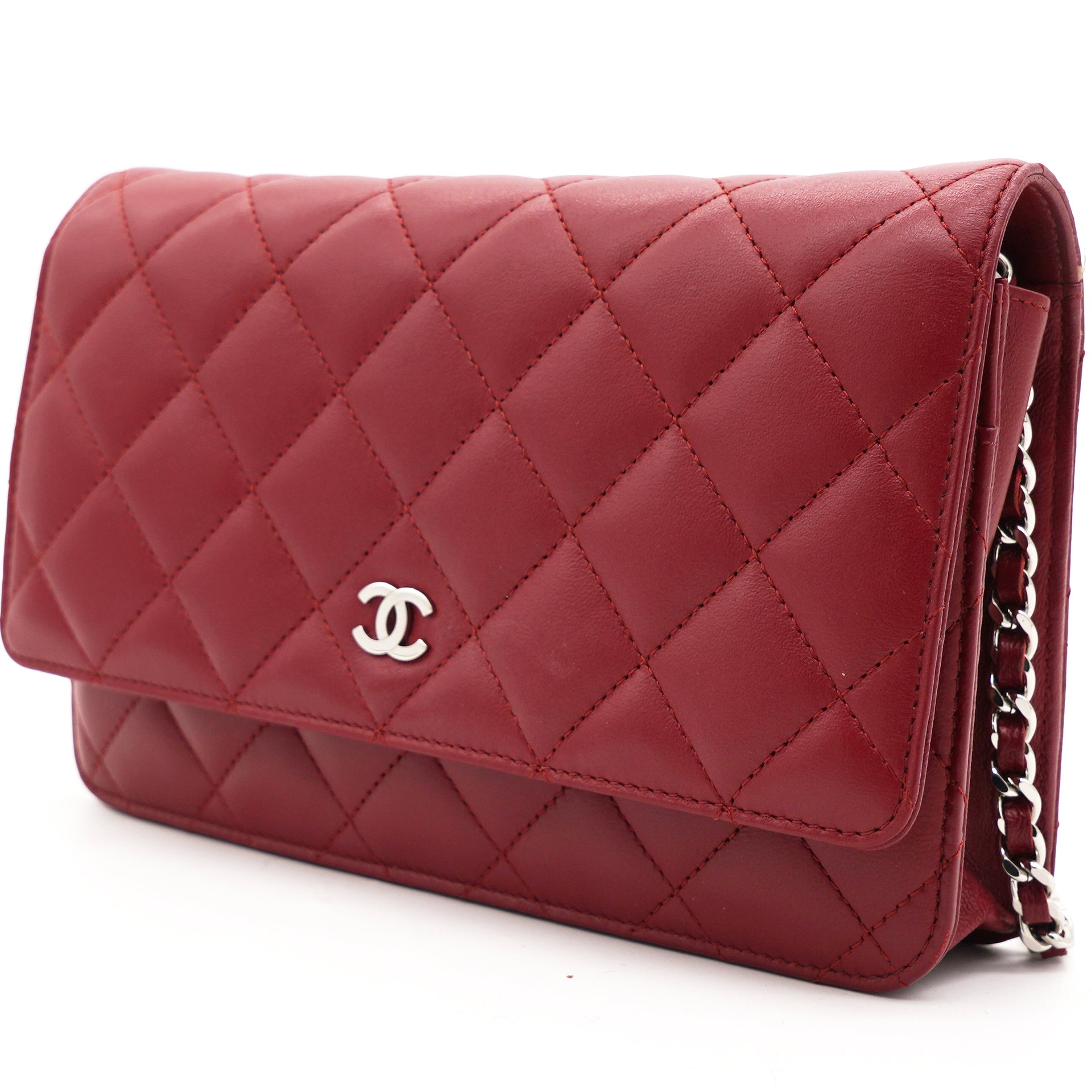 Lambskin Quilted Wallet On Chain WOC Red