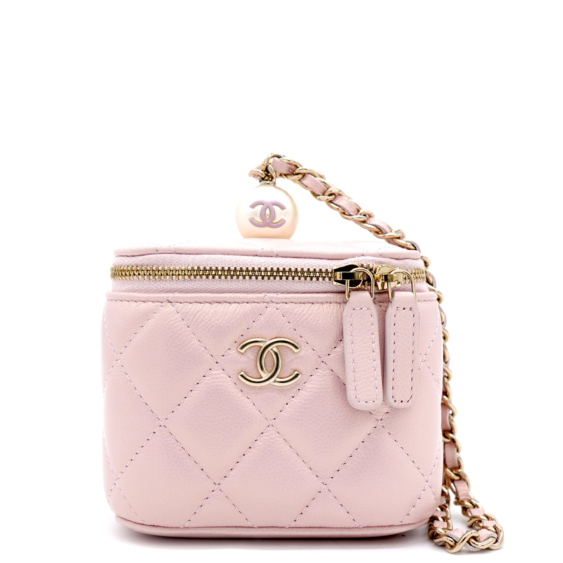 Chanel Mini Caviar GHW Vanity Case with Pearl Details Light Pink