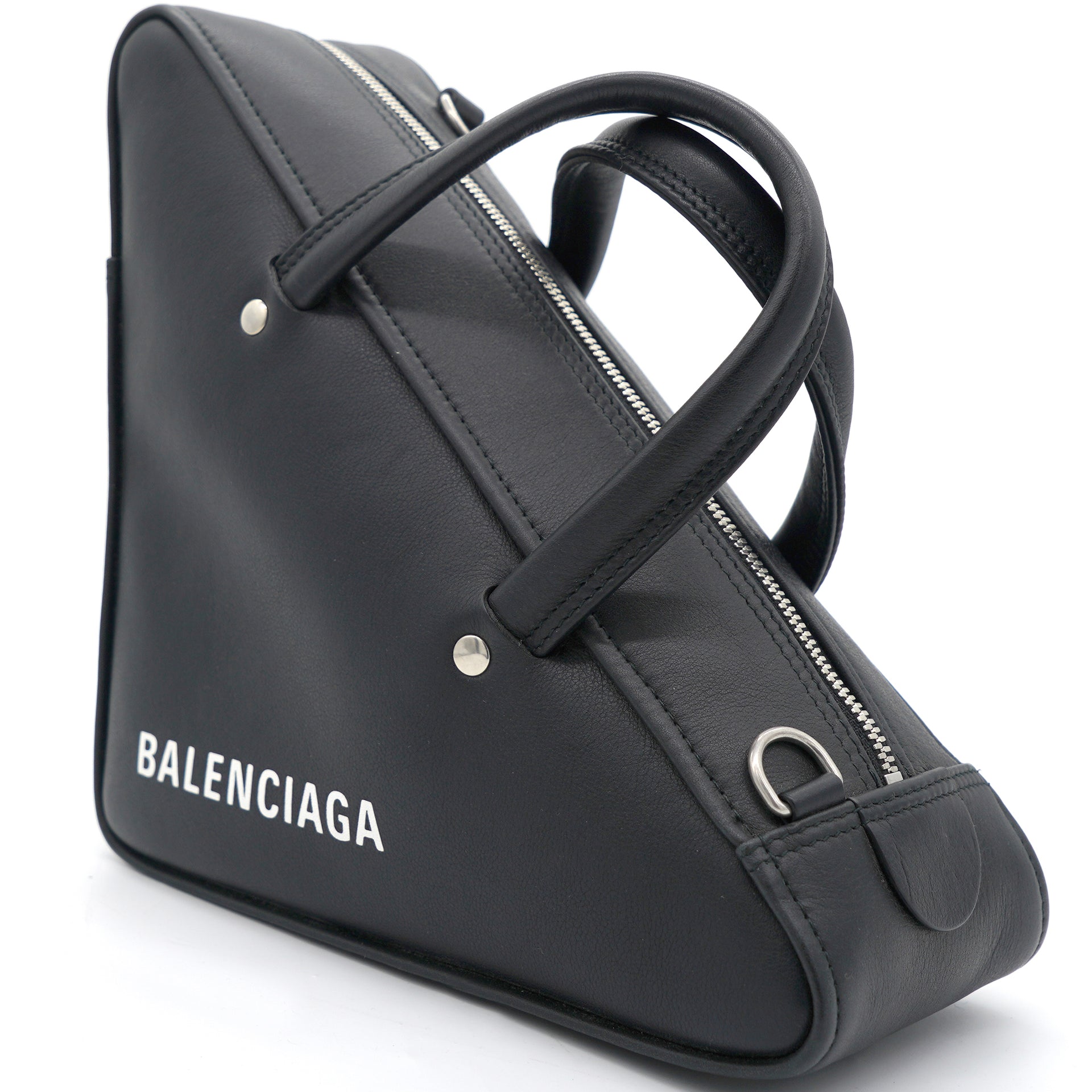 Black Calfskin Leather Small Triangle Duffel Bag