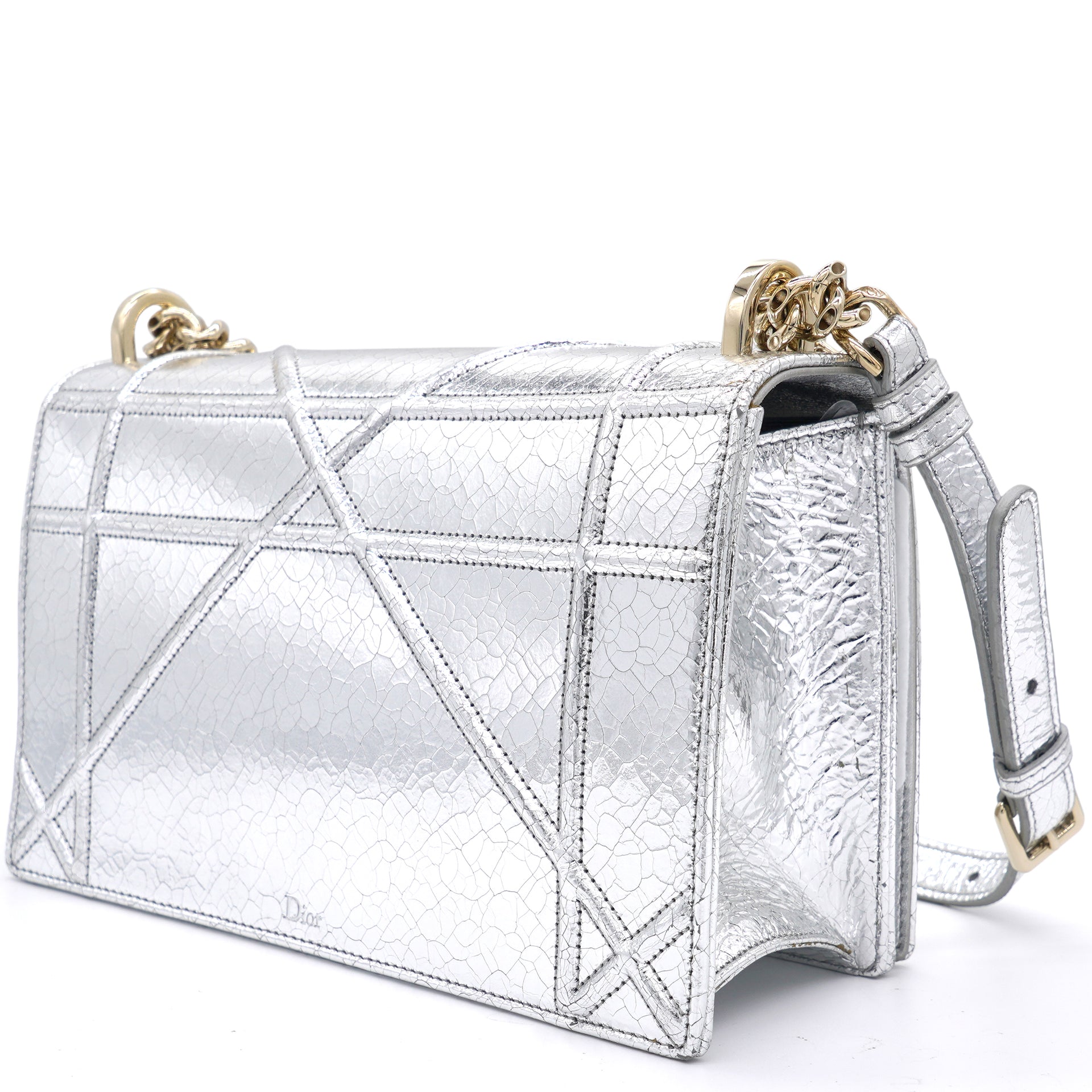 Metallic Silver Crinkled Calfskin Medium Diorama Flap Bag Silver