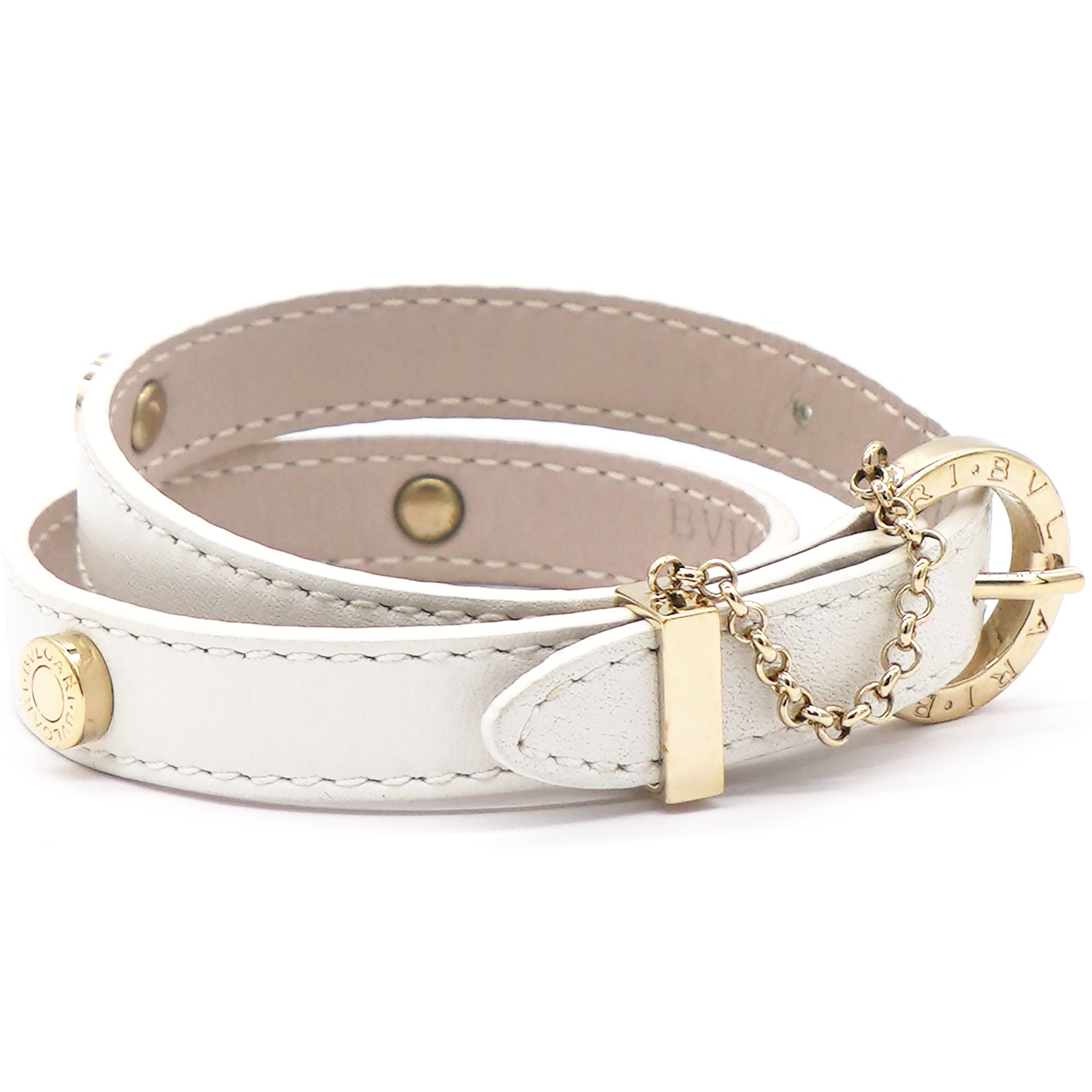 Gold Plated Studs & Cream Double Leather Bracelet