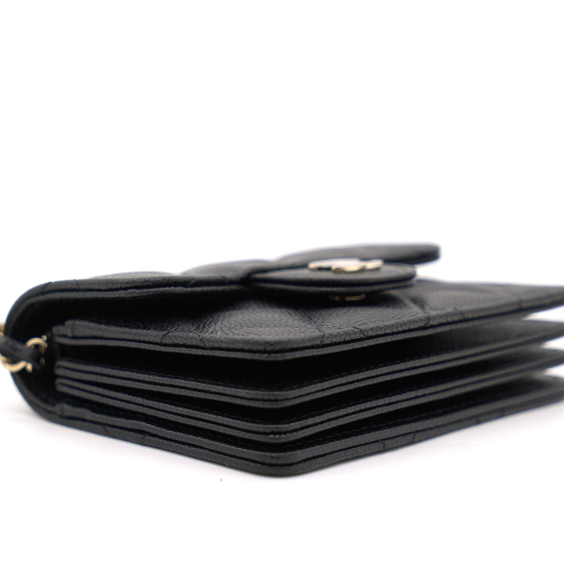 Black Caviar Leather Flap Card Holder with Chain