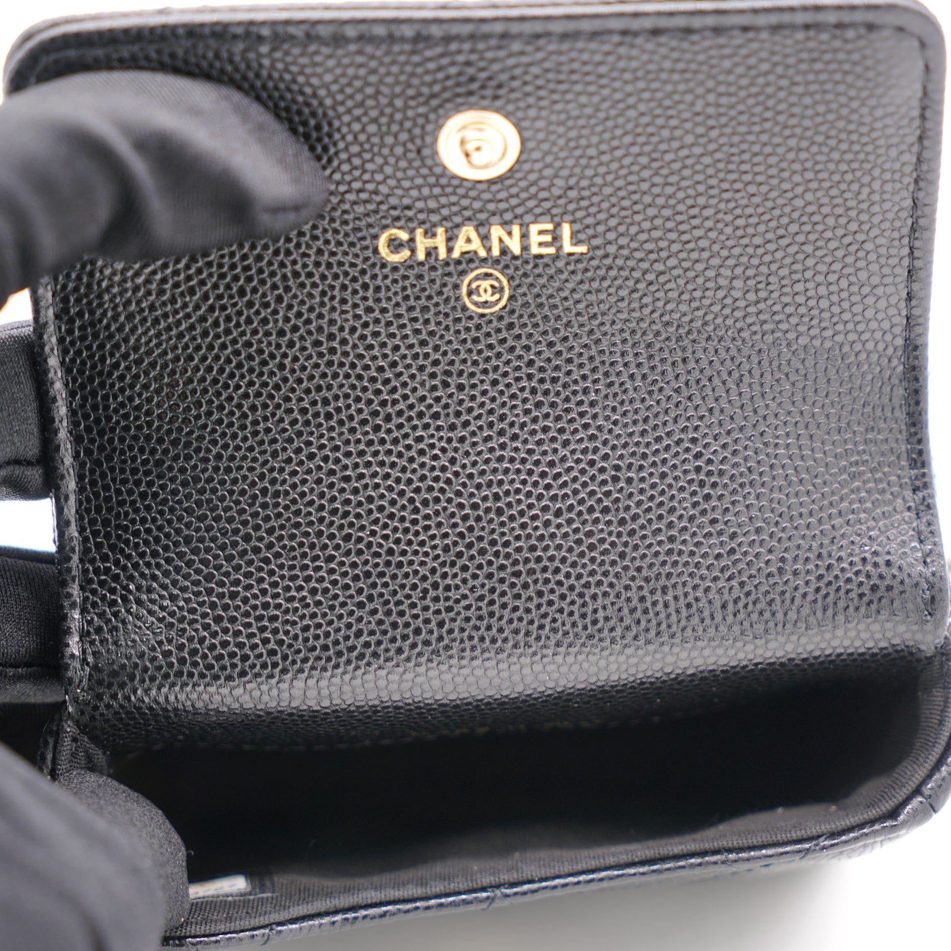 Chanel Black Caviar Leather Pearl Flap Card Holder with Short
