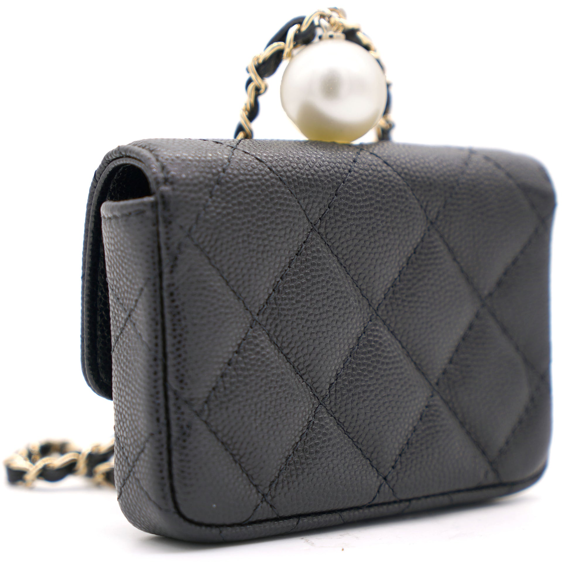 Chanel Black Caviar Leather Pearl Flap Card Holder with Short
