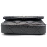 Black Caviar Leather Pearl Flap Card Holder with Short Chain
