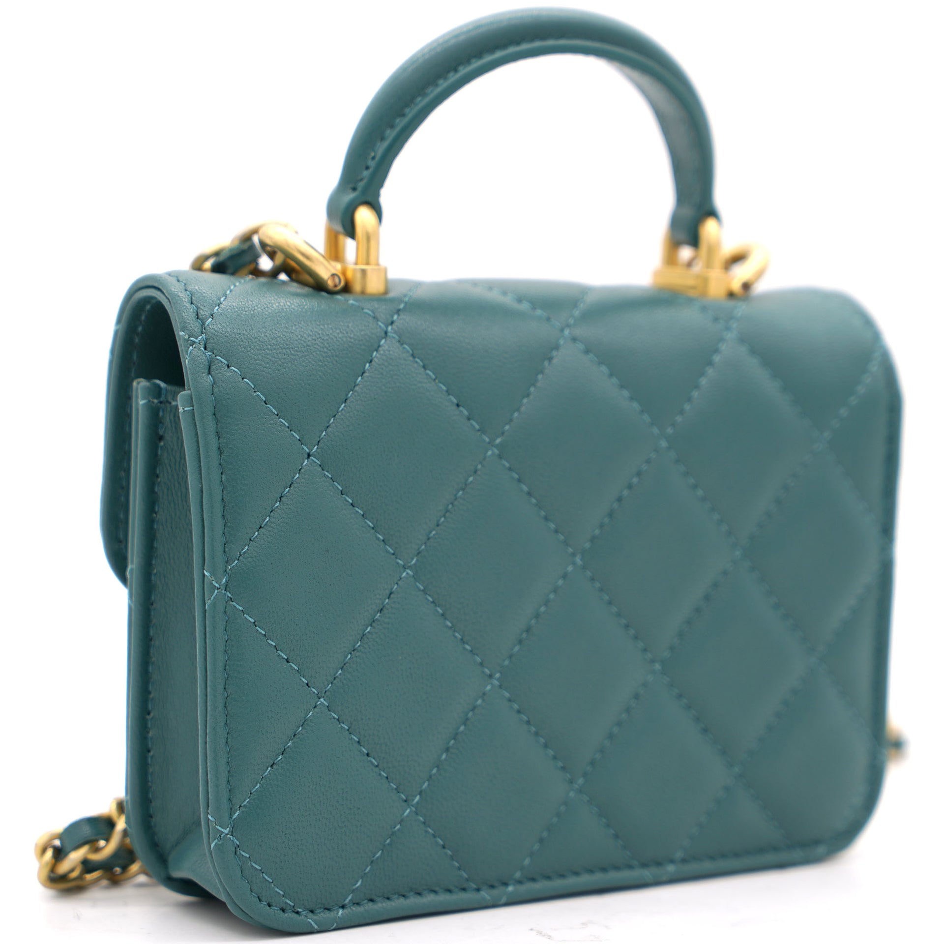Green Quilted Leather Nano Top Handle Square Classic Flap Bag