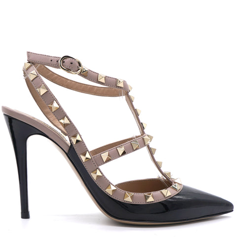 Black/Dusty Pink Patent and Leather Rockstud Ankle-Strap Pumps 38.5