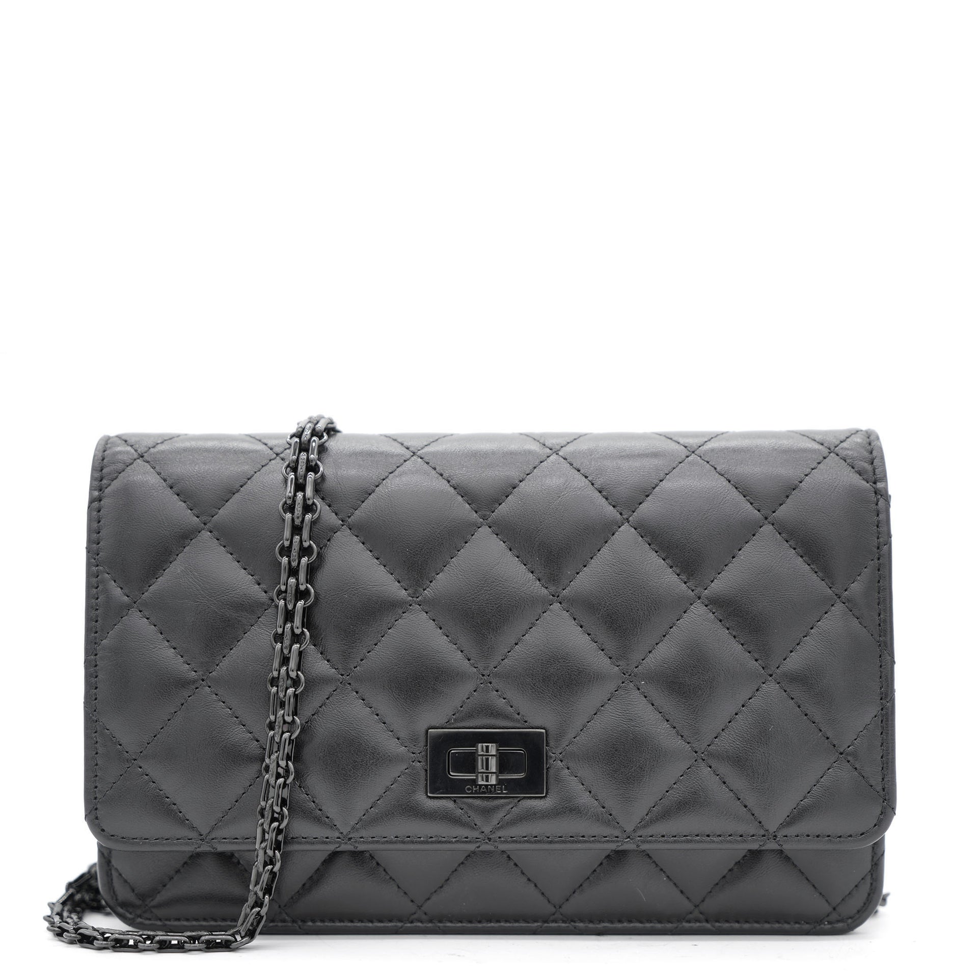 Chanel All Black Quilted Leather Reissue 2.55 Wallet On Chain