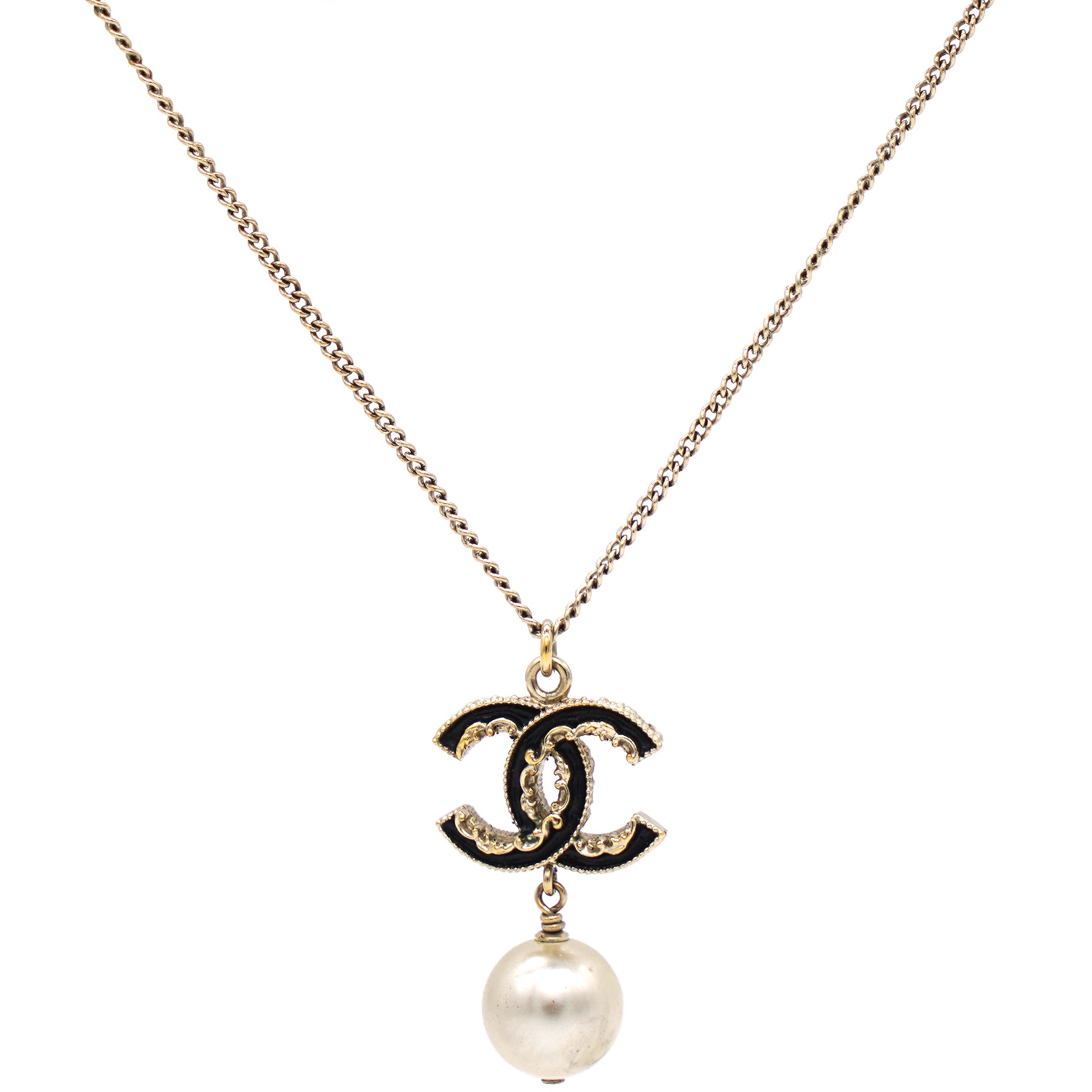 Chanel CC Faux Pearl Crystals Gold Tone Metal Pendant Necklace