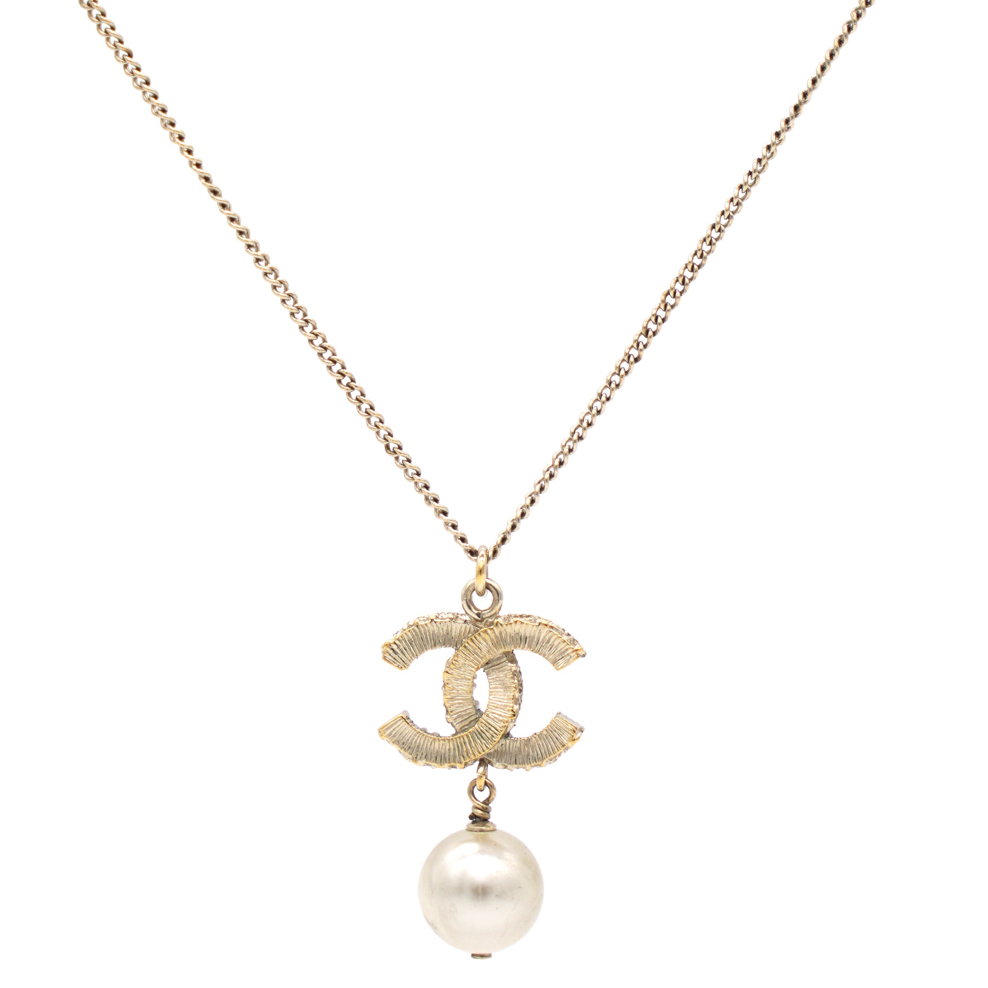 Chanel CC Faux Pearl Crystals Gold Tone Metal Pendant Necklace – STYLISHTOP