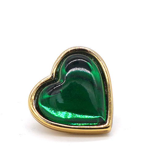 Vintage Green Glass Heart Gold Toned Brooch