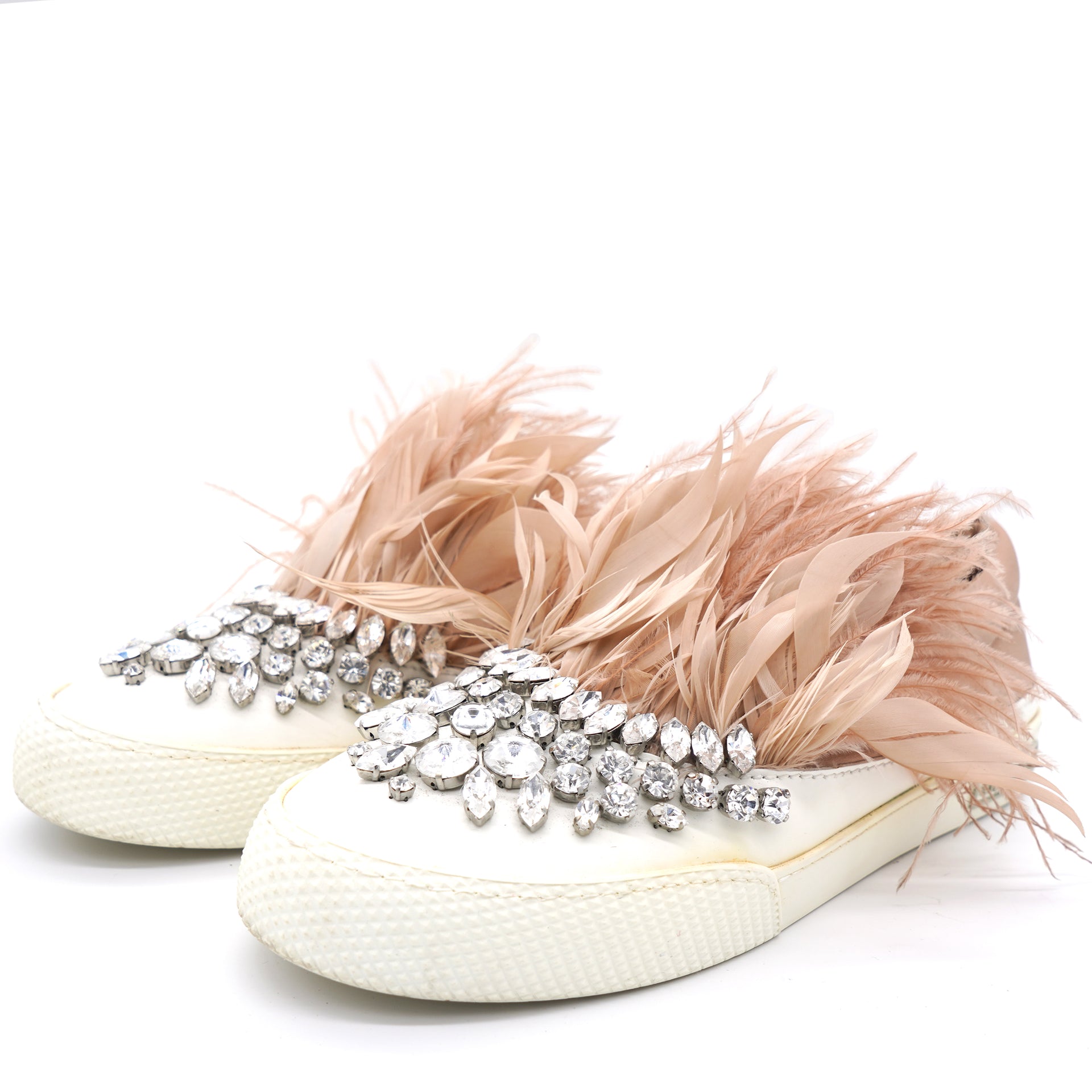 Pink Crystal Embellished Satin With Marabou Feathers Slip On Sneakers 37.5