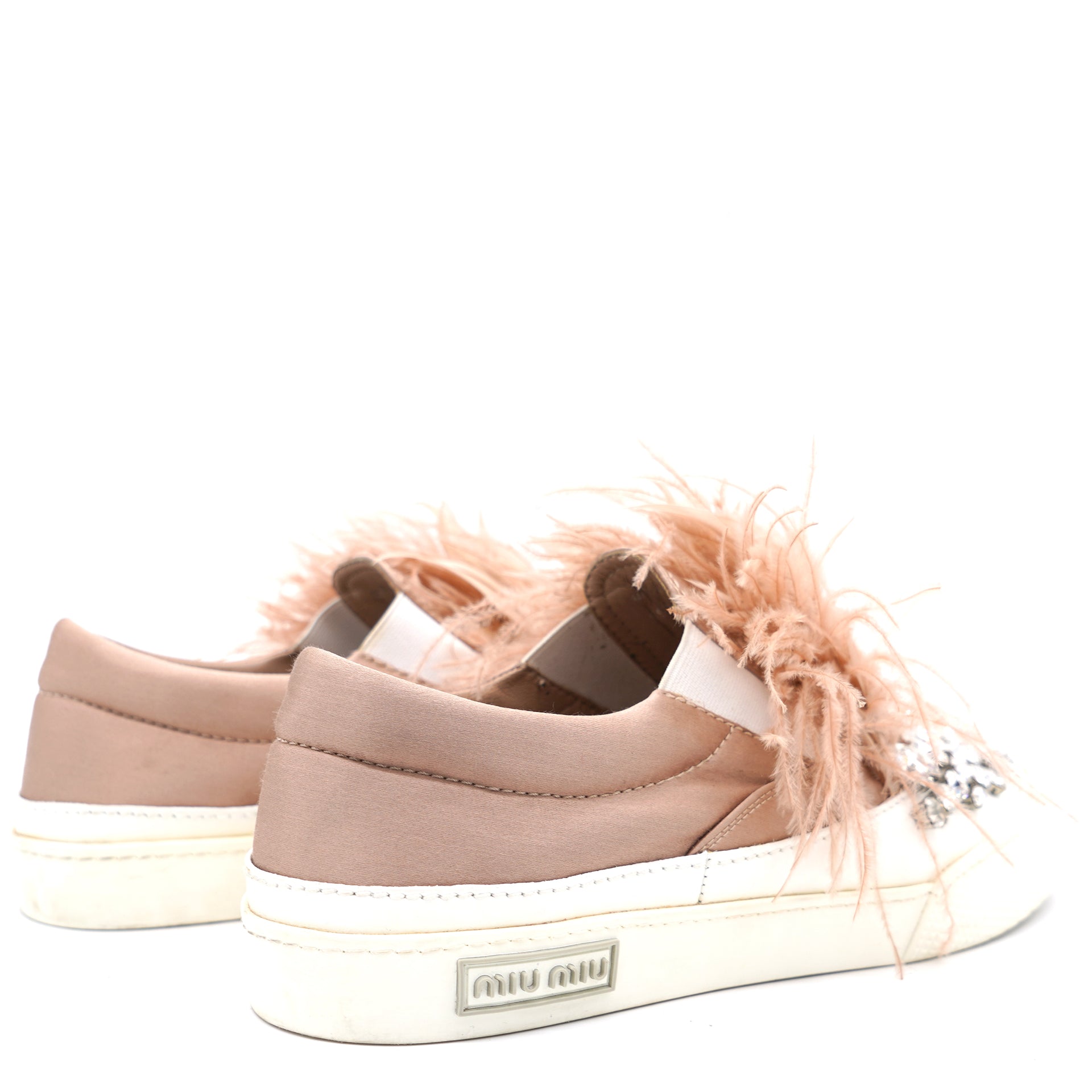 Pink Crystal Embellished Satin With Marabou Feathers Slip On Sneakers 37.5