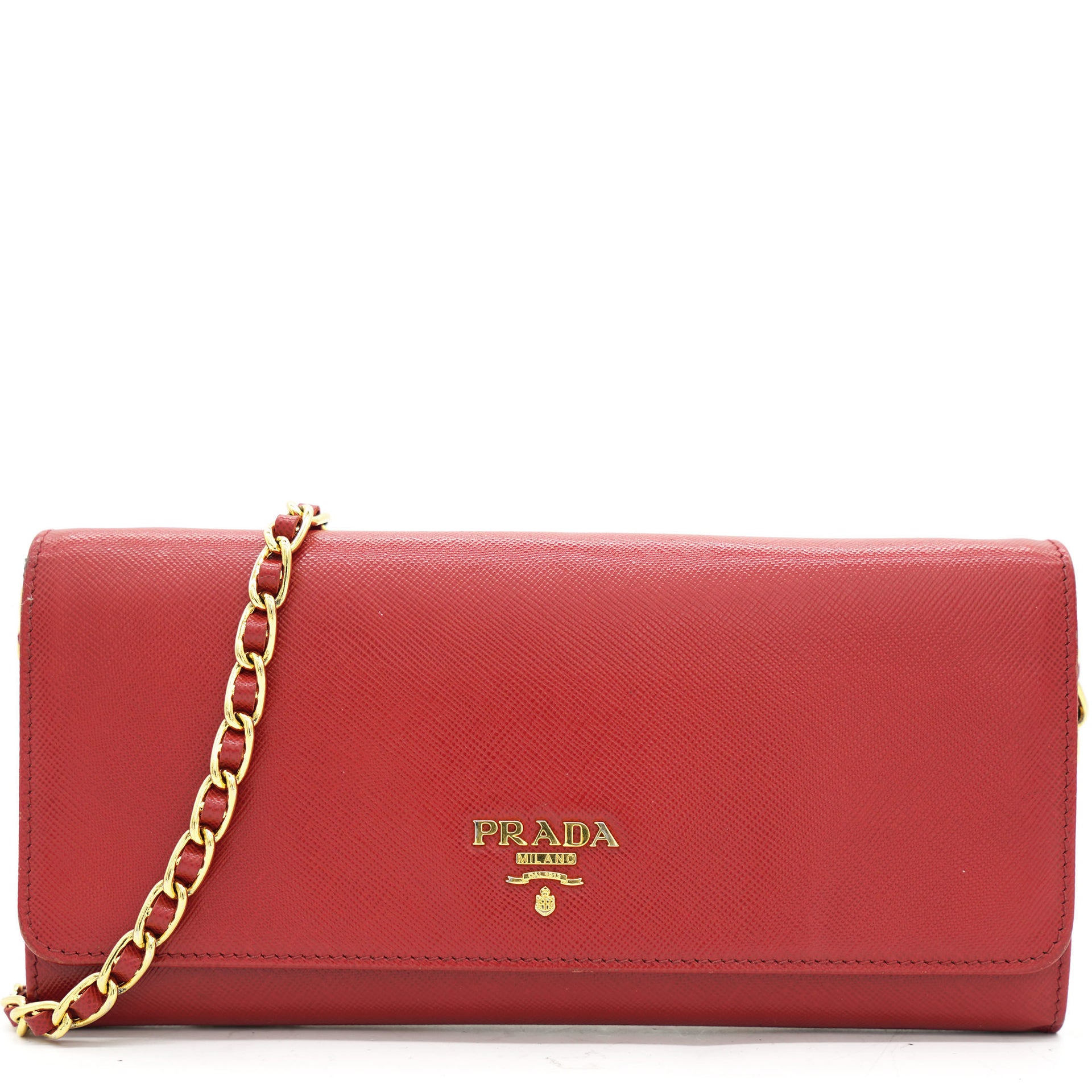 Prada Red Saffiano Lux Leather Logo Plaque Wallet On Chain – STYLISHTOP