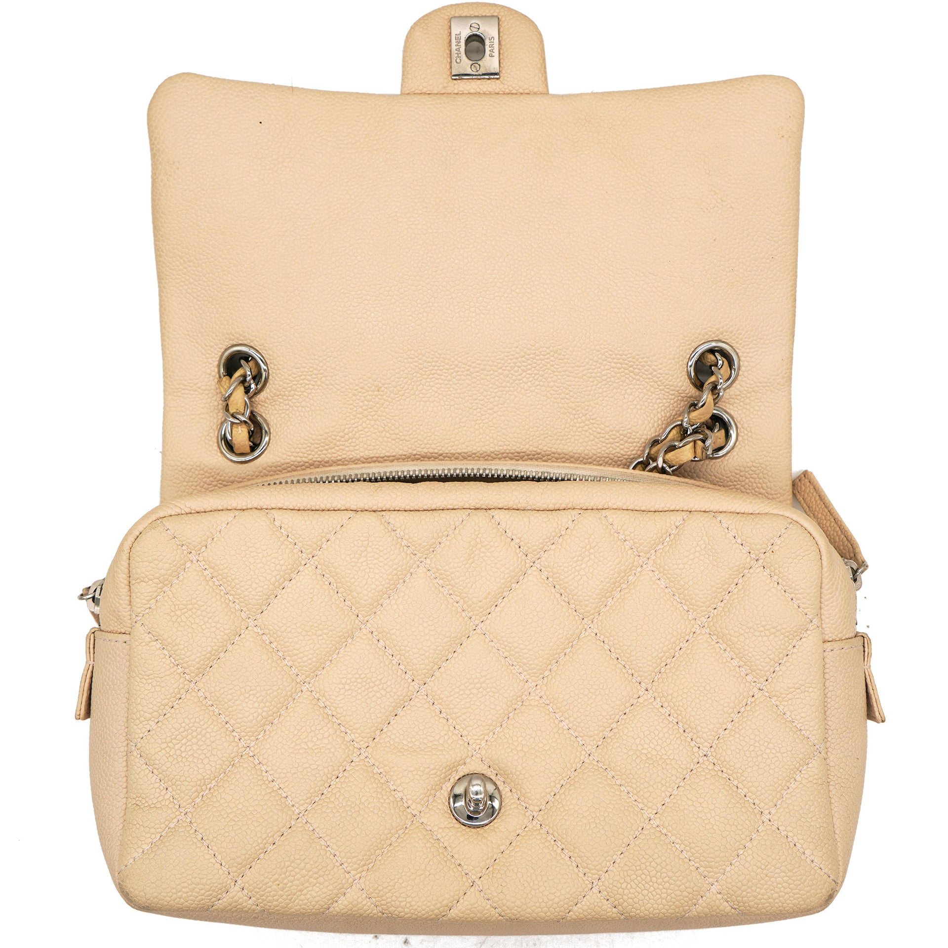 Light Beige Quilted Caviar Leather Camera Flap Bag