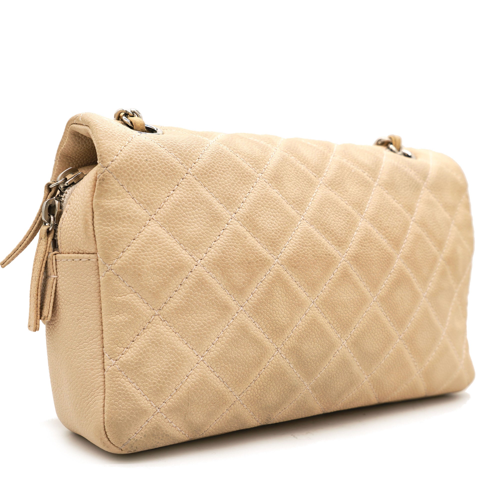 Light Beige Quilted Caviar Leather Camera Flap Bag