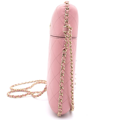 Lambskin Quilted Chain Around Phone Holder Pink