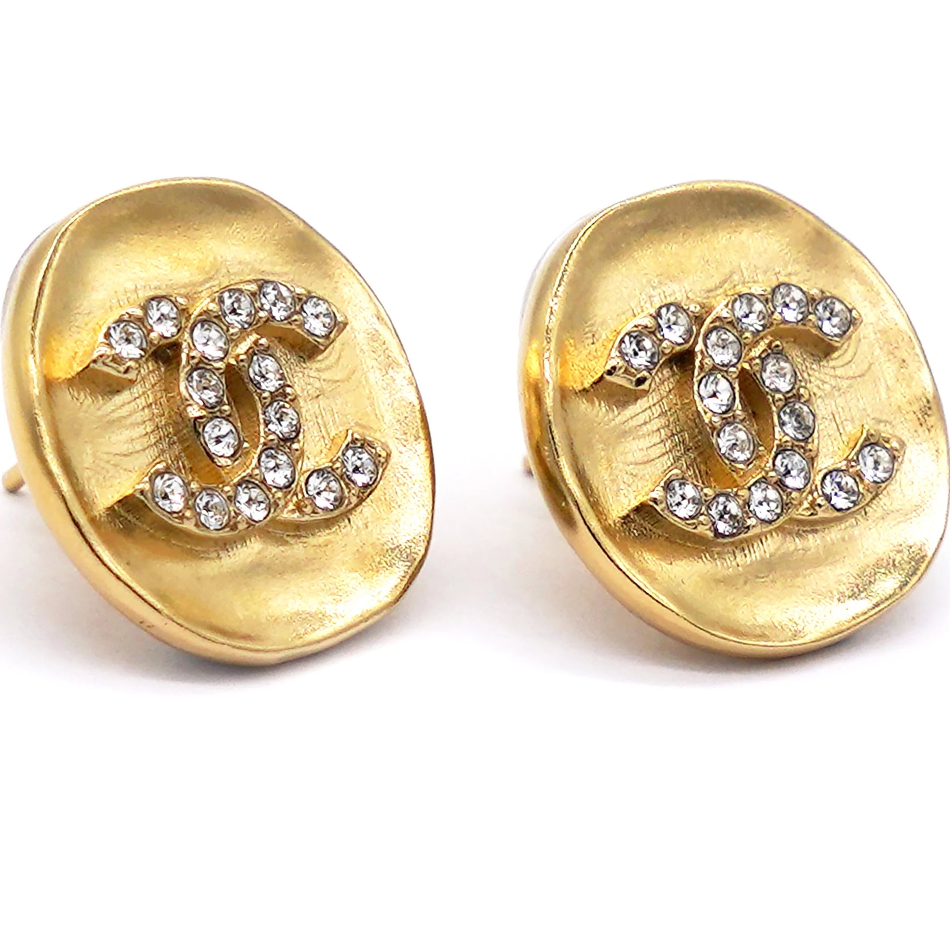 CHANEL CC Logos Dangle Earrings Rhinestone Earrings Gold Tone Auth