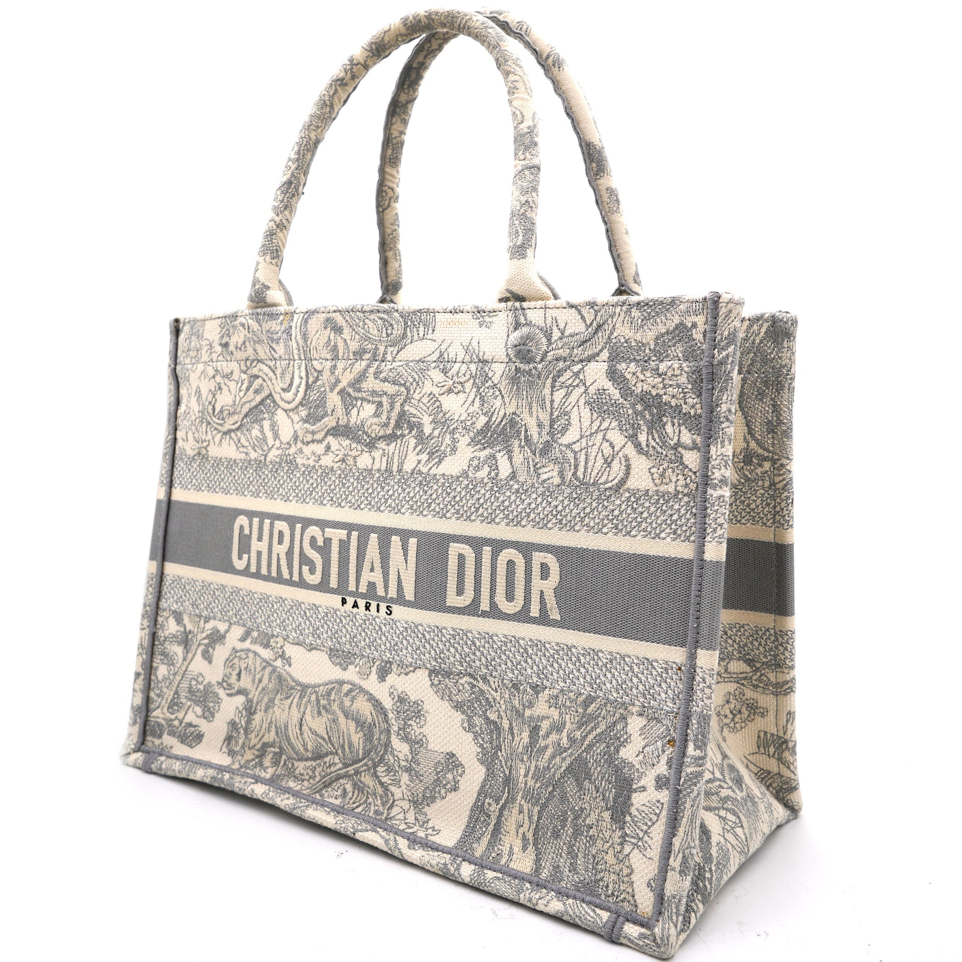 Beige/Grey Embroidered Canvas Toile de Jouy Book Tote