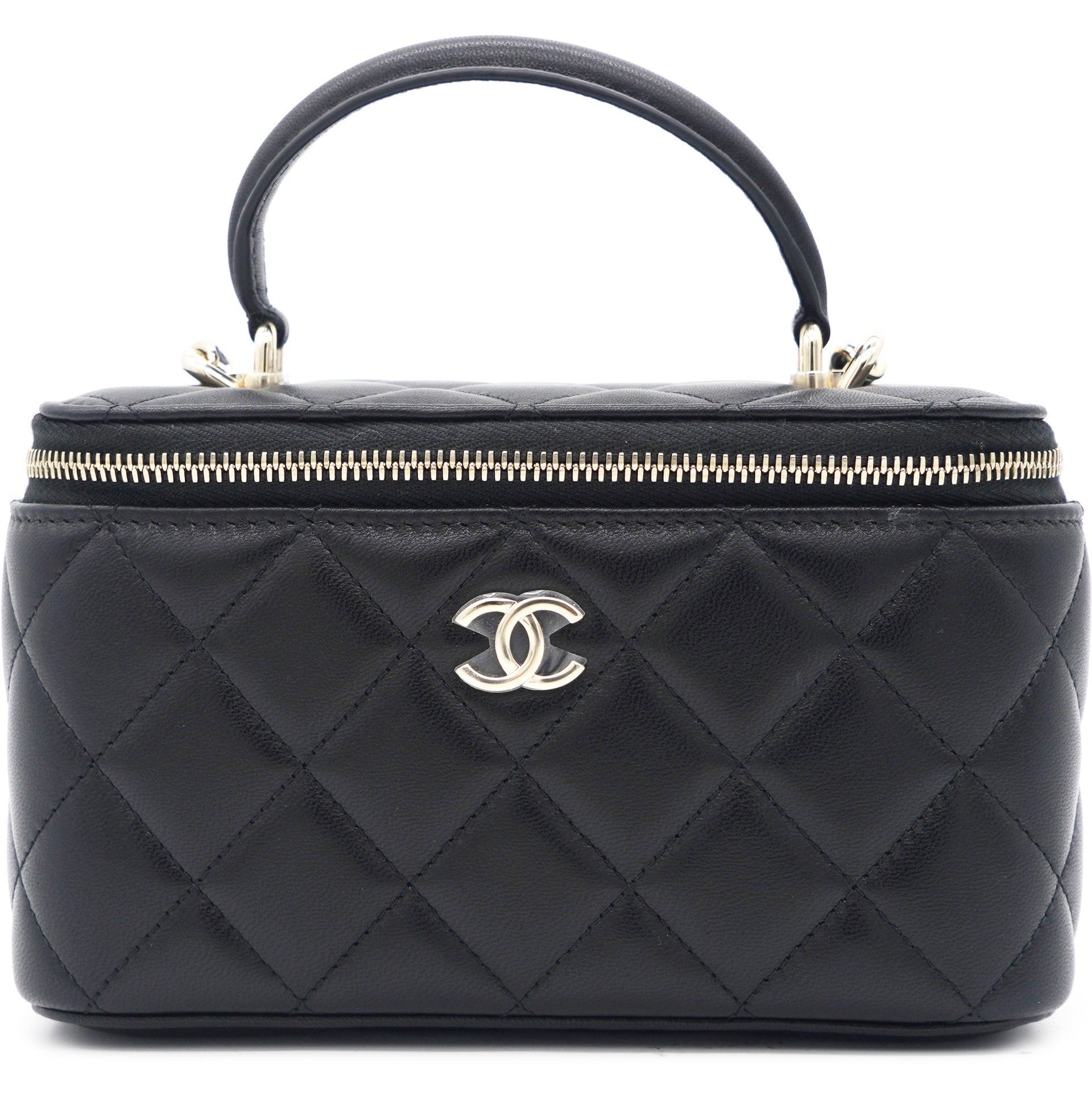 Lambskin Quilted Small Top Handle Vanity Case With Chain Black