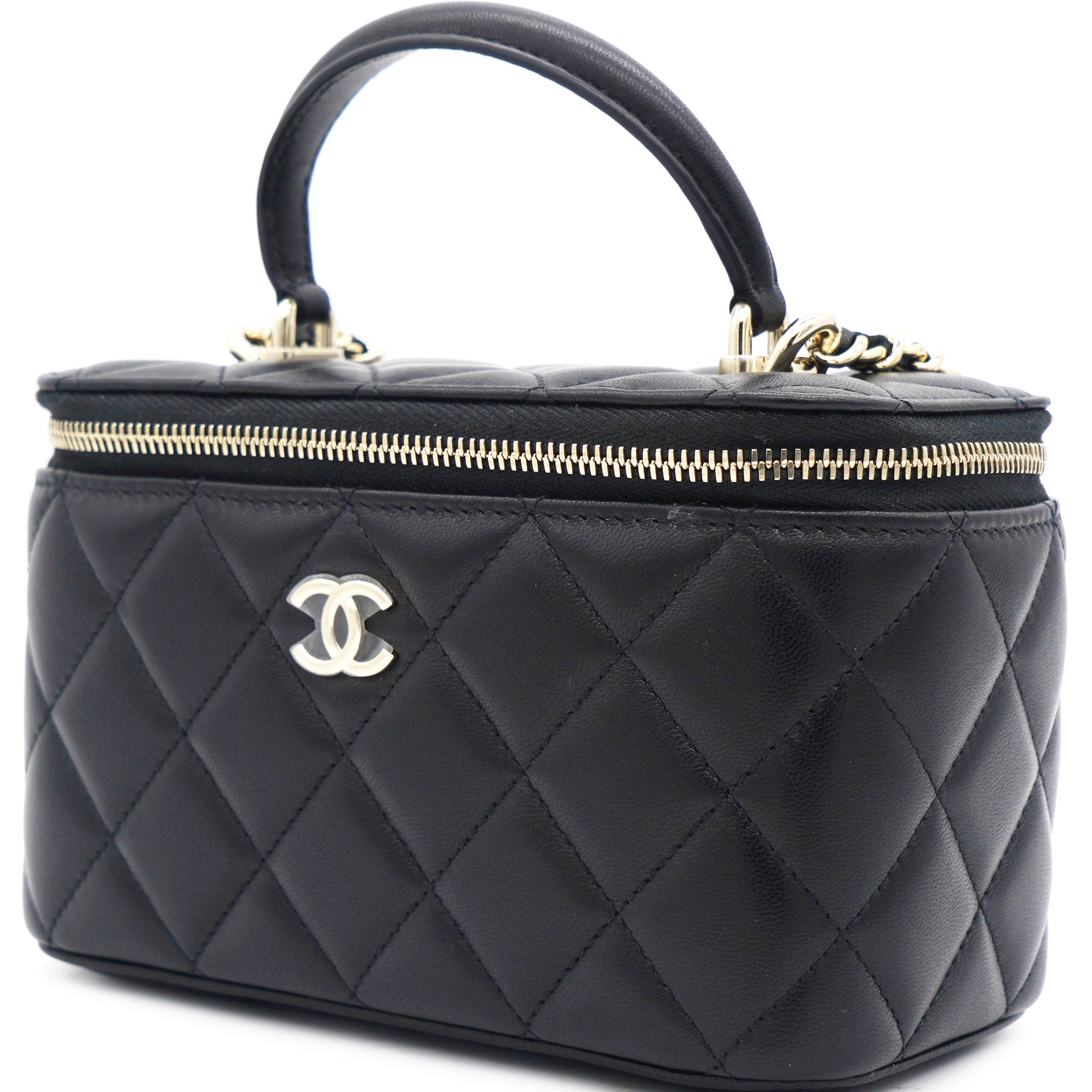 Lambskin Quilted Small Top Handle Vanity Case With Chain Black