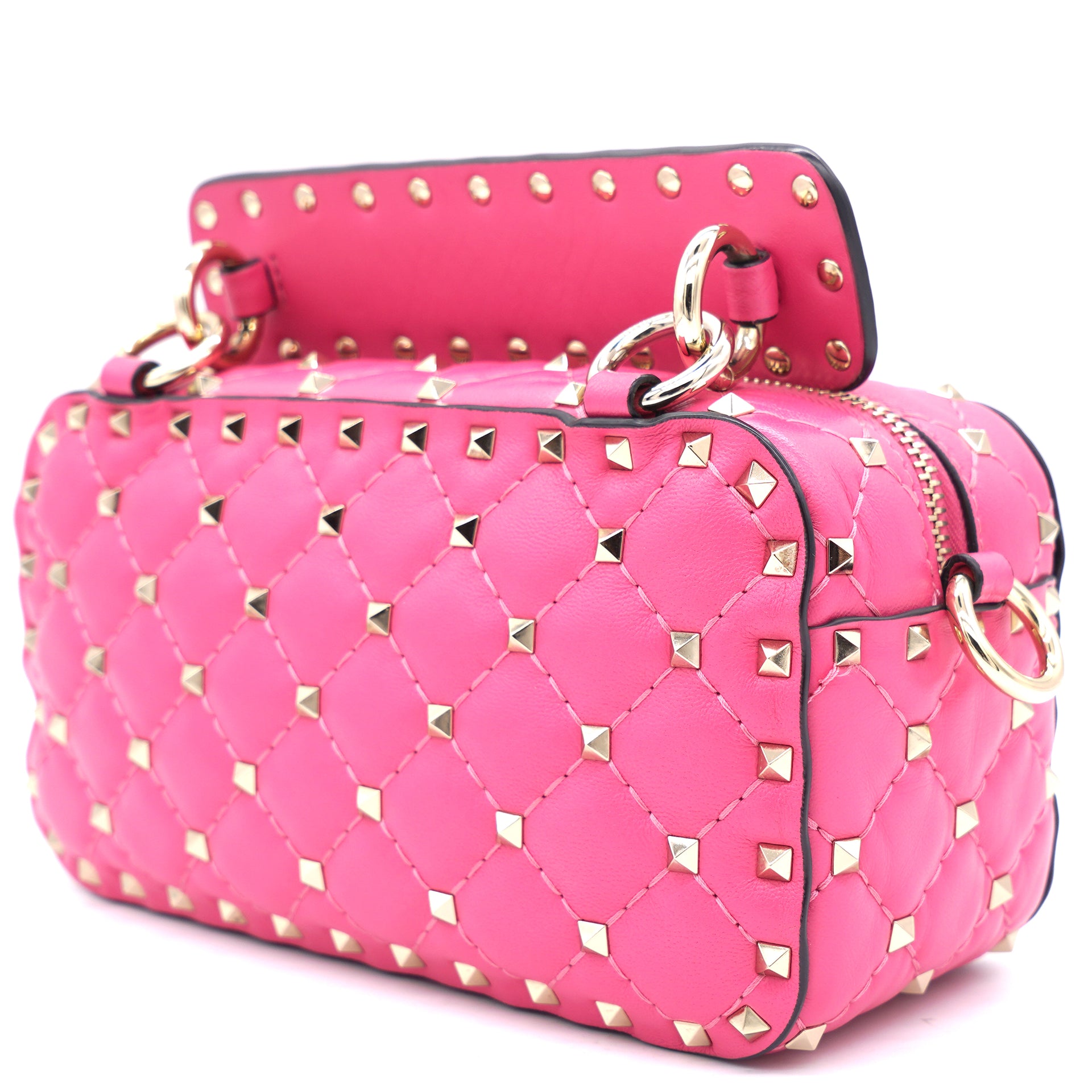 Pink Quilted Leather Rockstud Spike Camera Case Crossbody Bag