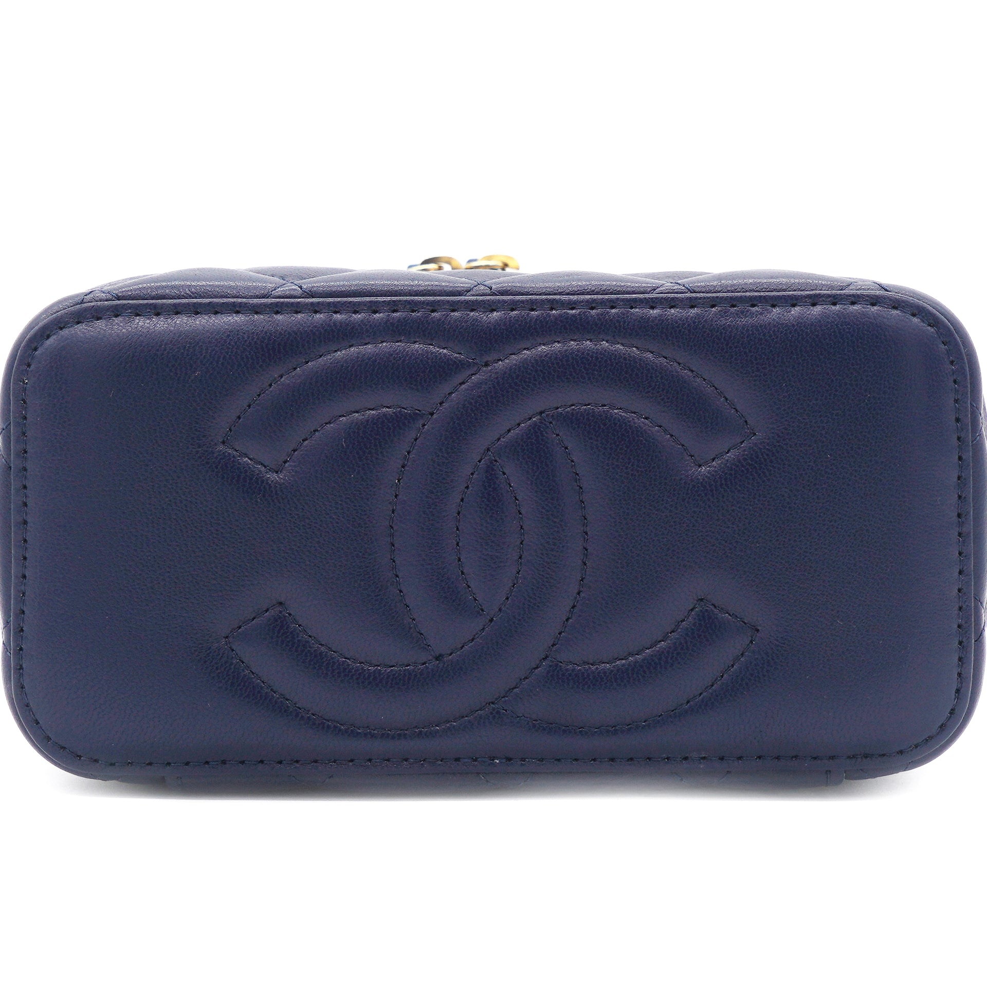 Lambskin Quilted Small Top Handle Vanity Case With Chain Navy