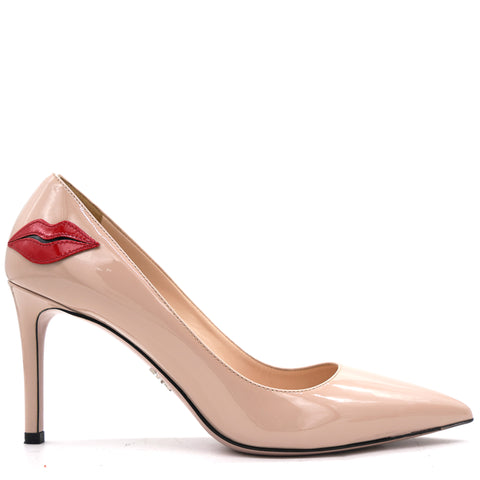 Beige/Red Patent Leather Pointed Toe Lips Pumps 37.5