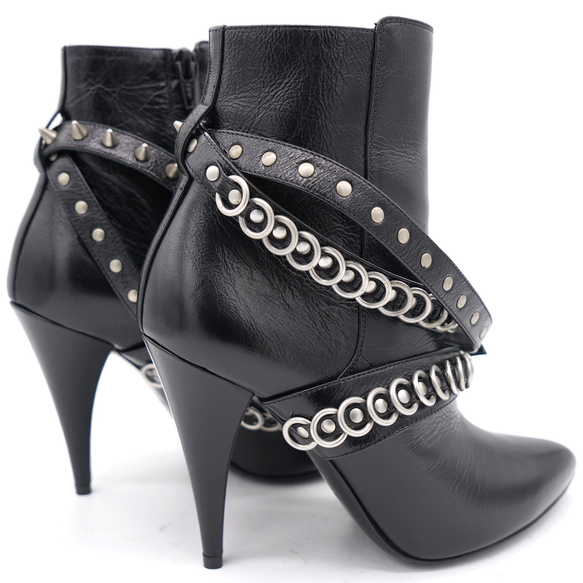 Black Leather Lace Up Pointed Toe Ankle Booties 37